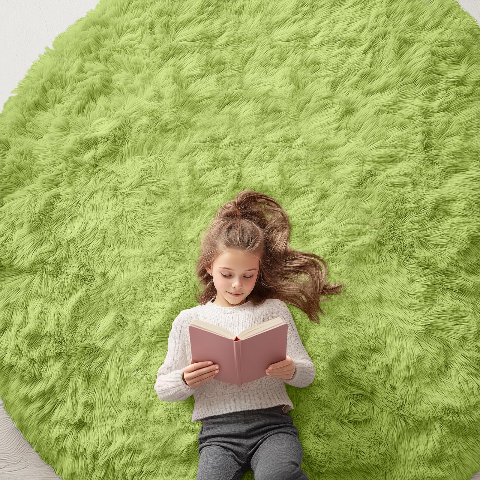 OLANLY Grass Green Round Area Rugs for Bedroom Machine Washable Area Rugs 6x6 Area Rugs for Living Room Soft Fluffy Area Rugs for Teens Kids — image 1