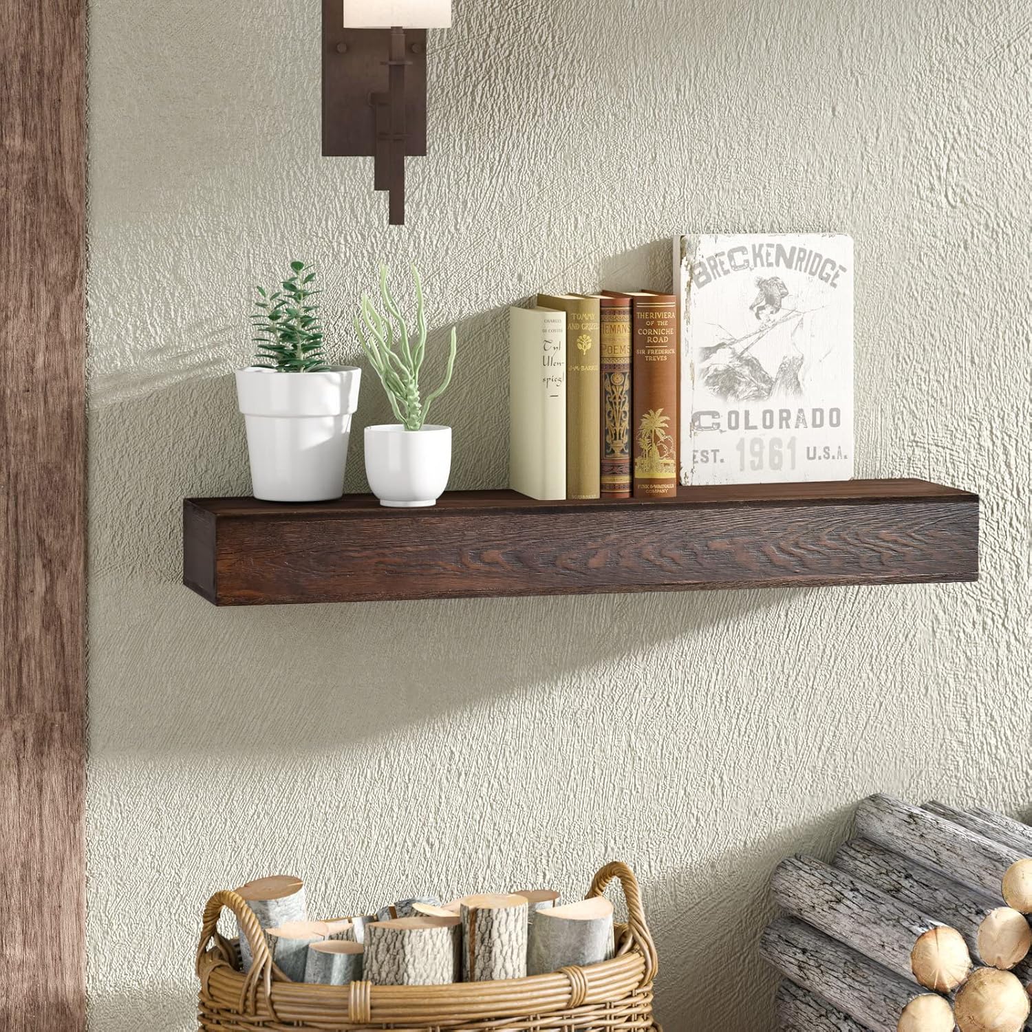 Floating Wood Mantel Shelf,Rustic Fireplace Mantel Decor,Farmhouse Shelf (48" W x 6" D x 6" H)