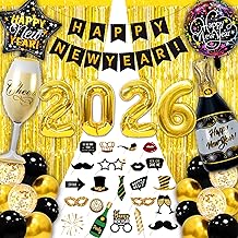 Cotillon New Year's Eve 2025 Decoration 49 Pcs, Happy New Year Pennants, Giant 2025 Balloons (32 Inches), Photo Booth Accessories, Metallic Curtains, Balloons for New Year's Eve Party Decoration