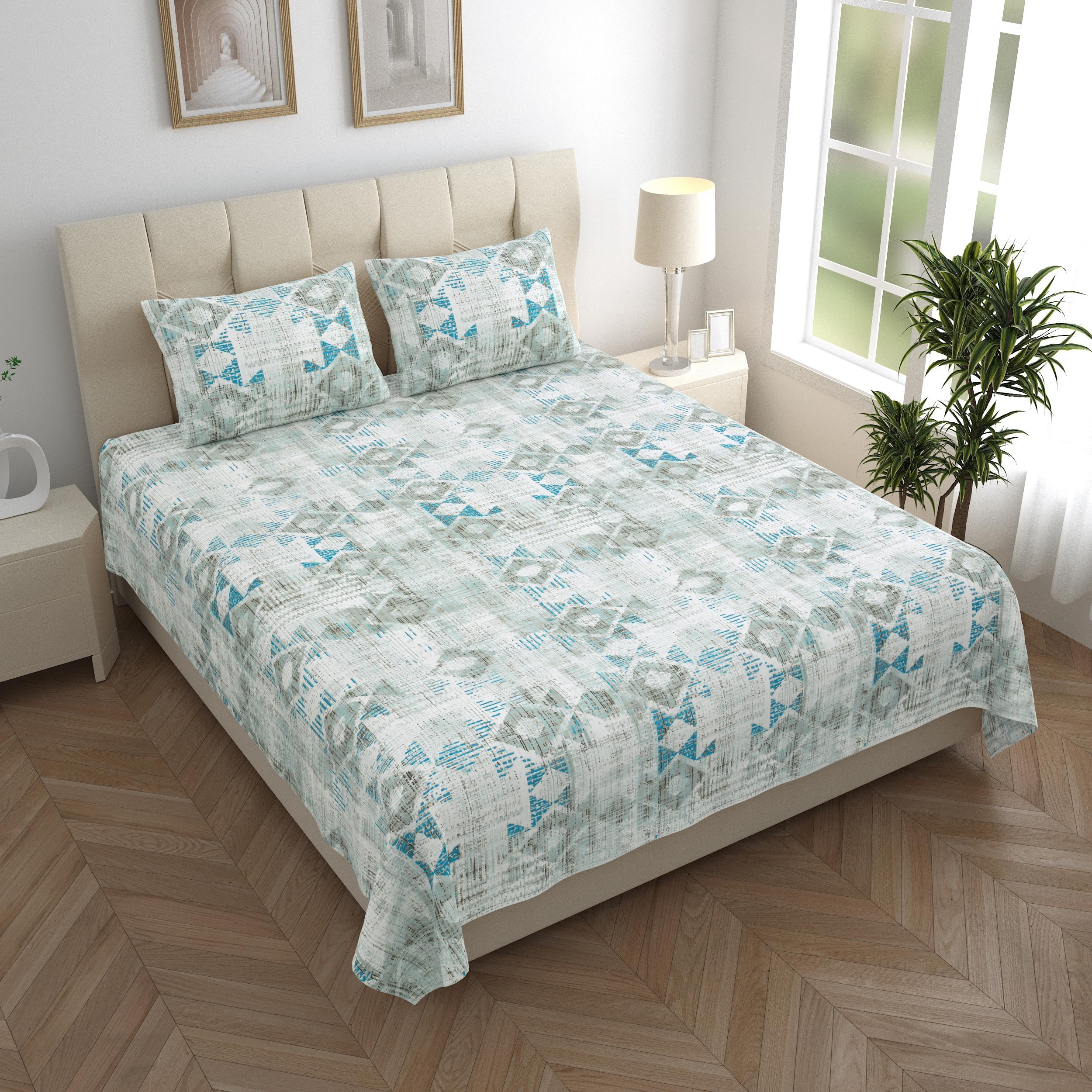 LINENWALAS 100% Pure Cotton Bedsheets for Single Size Bed - 200 TC Crisp & Soft Printed Flat Bed Sheet with Pillowcases (60"x90" Single, Azure)