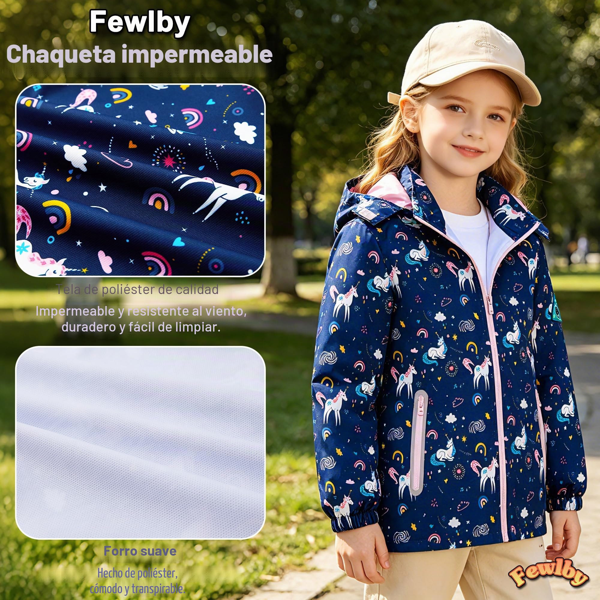 Fewlby Niñas Chaqueta Impermeable, Abrigo de Lluvia Chubasquero Infantil Poncho con Capucha Cortavientos Ligera Abrigo Prueba de Viento Primavera Otoño Abrigos Deportivos 2-10 Años