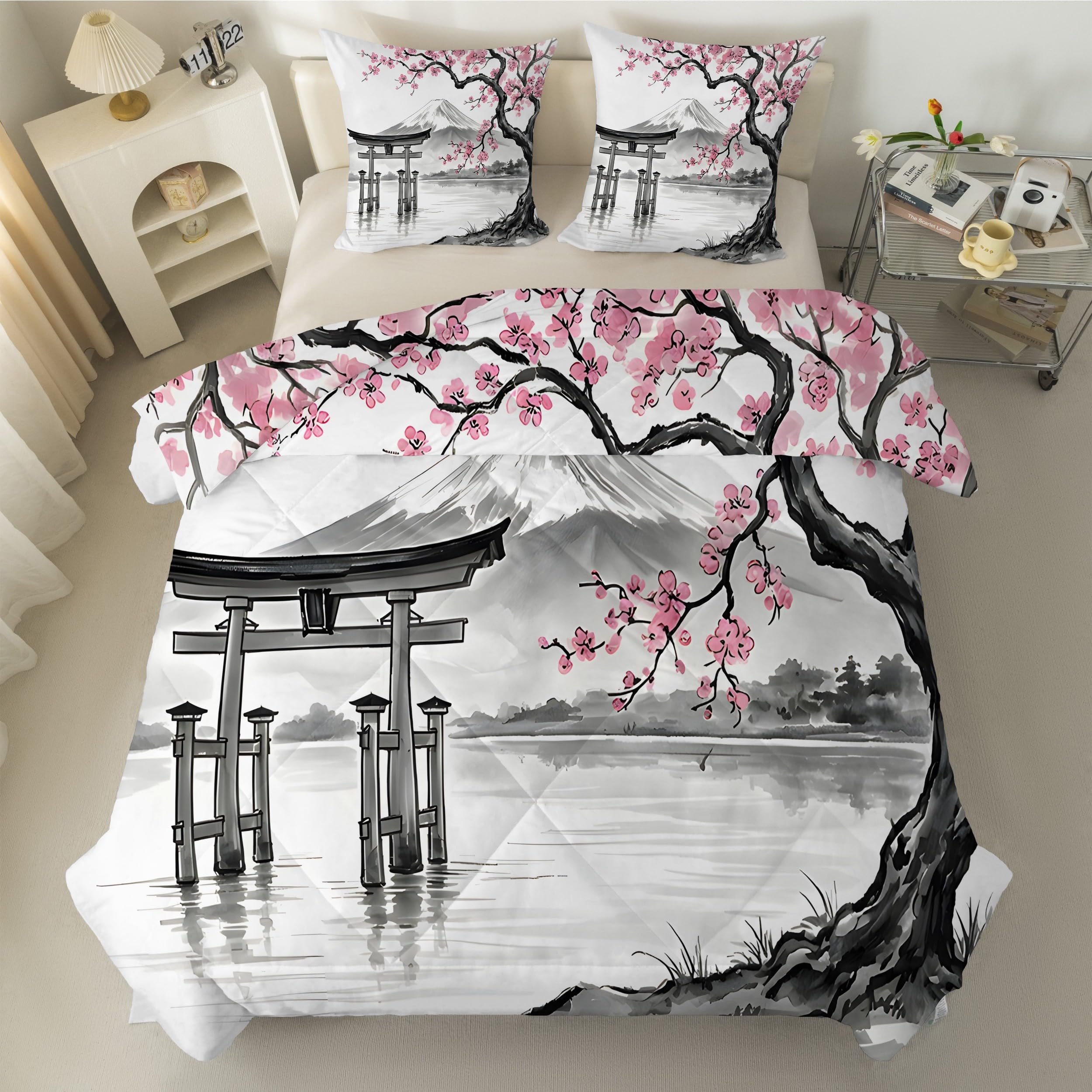 Couette réversible 220x240 cm et 2 taies d'oreiller motif fleurs de cerisier