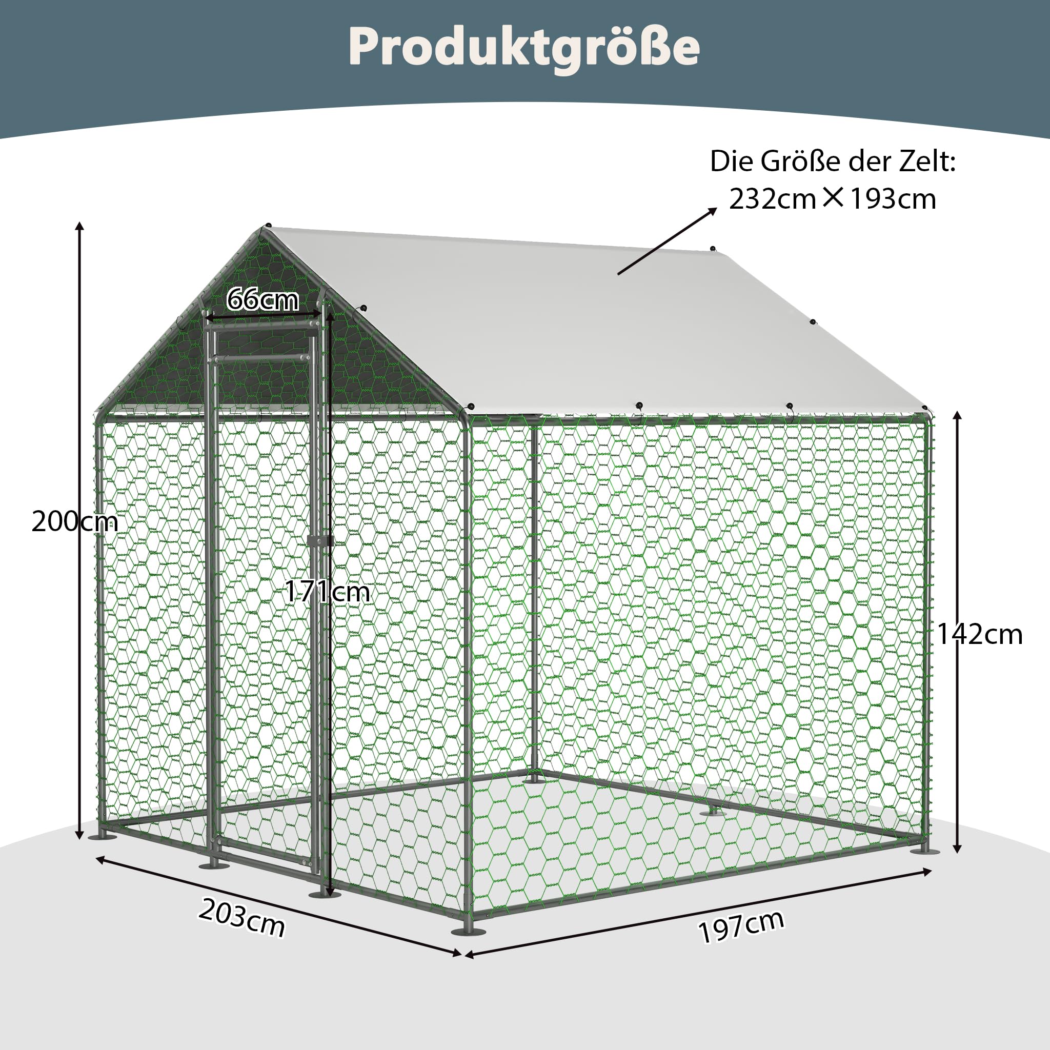 Redkid Corral Metálico para Gallinas 4m² 2x2x2m, Recinto Exterior para Gallinas, Conejos y Pequeños Animales, Lona PE Impermeable, Cierre de Seguridad