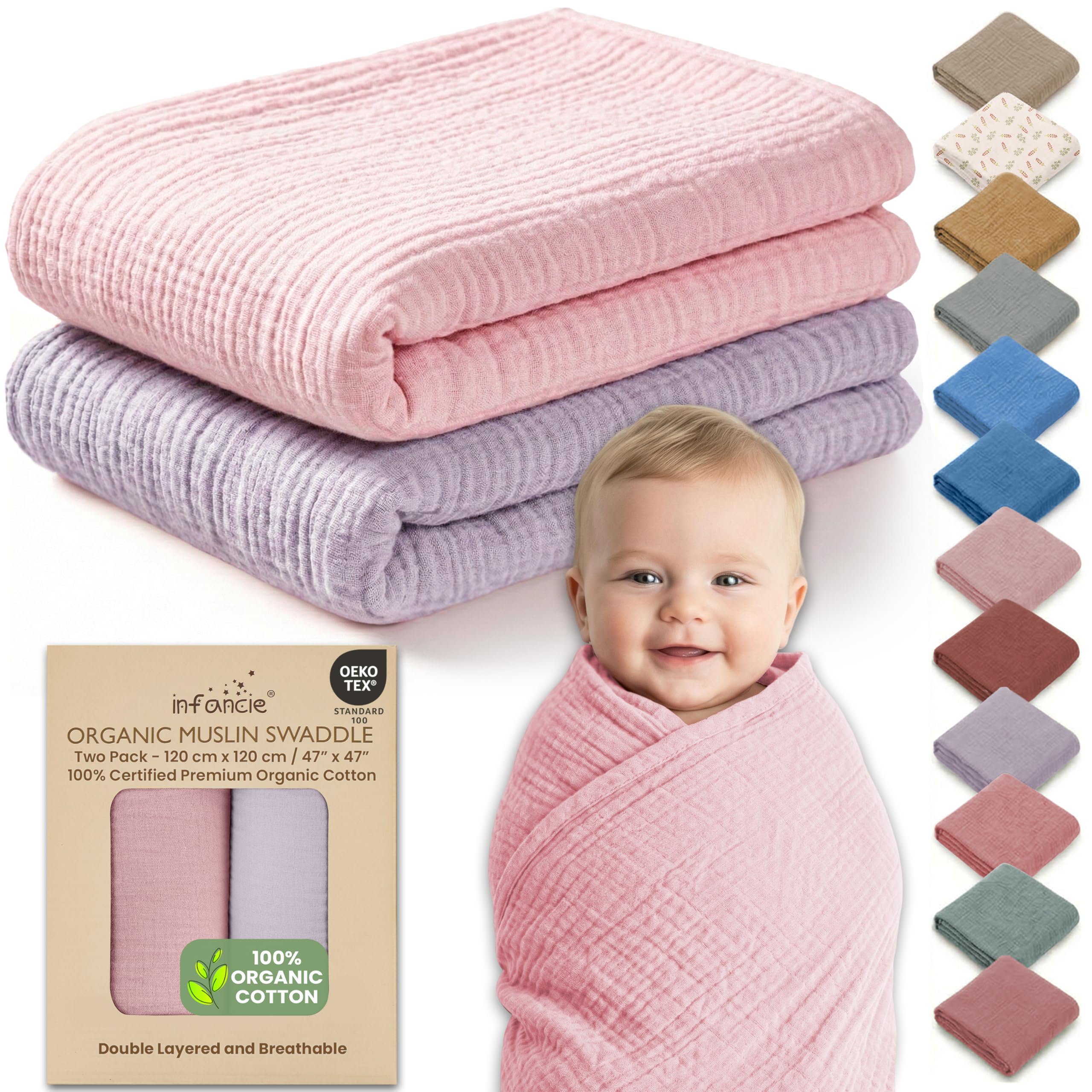 infancie Organic Cotton Baby Muslin Blanket - Breathable, Large 120x120 cm for baby swaddle blanket Hypoallergenic Muslin Baby Blankets, Versatile, Double layer (Light Pink/Light Purple)