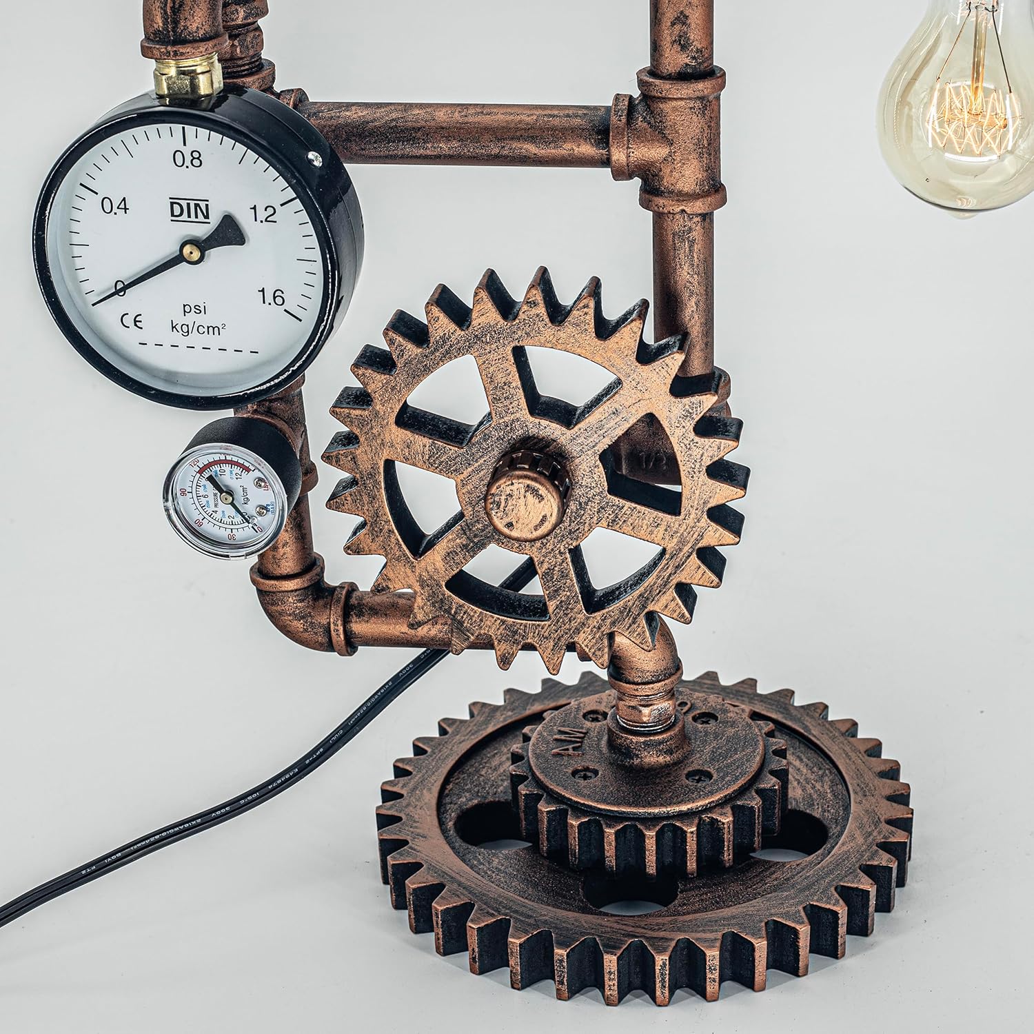 Ari Deco Industrial Steampunk Pipe Table Lamp (Dual Decorative Pressure Gauges) QTF-BT04