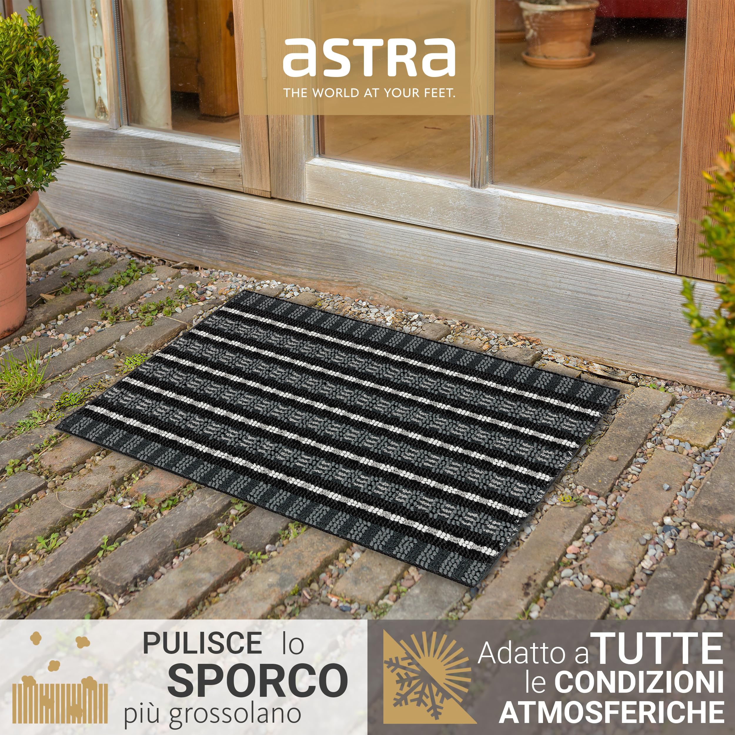 Astra Zerbino robusto con effetto spazzolato - Nero/Argento 50 x 80 cm - Zerbino da esterno con struttura a scanalature per la porta d'ingresso