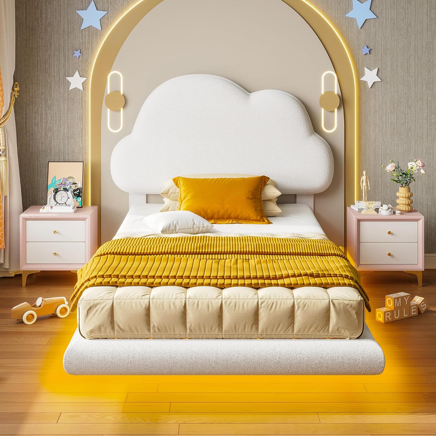 LIKIMIO Twin Bed Frames, Floating Bed Frame with LED Light and Upholstered Headboard, Solid Wooden Slats Support, No Box Spring Needed, White