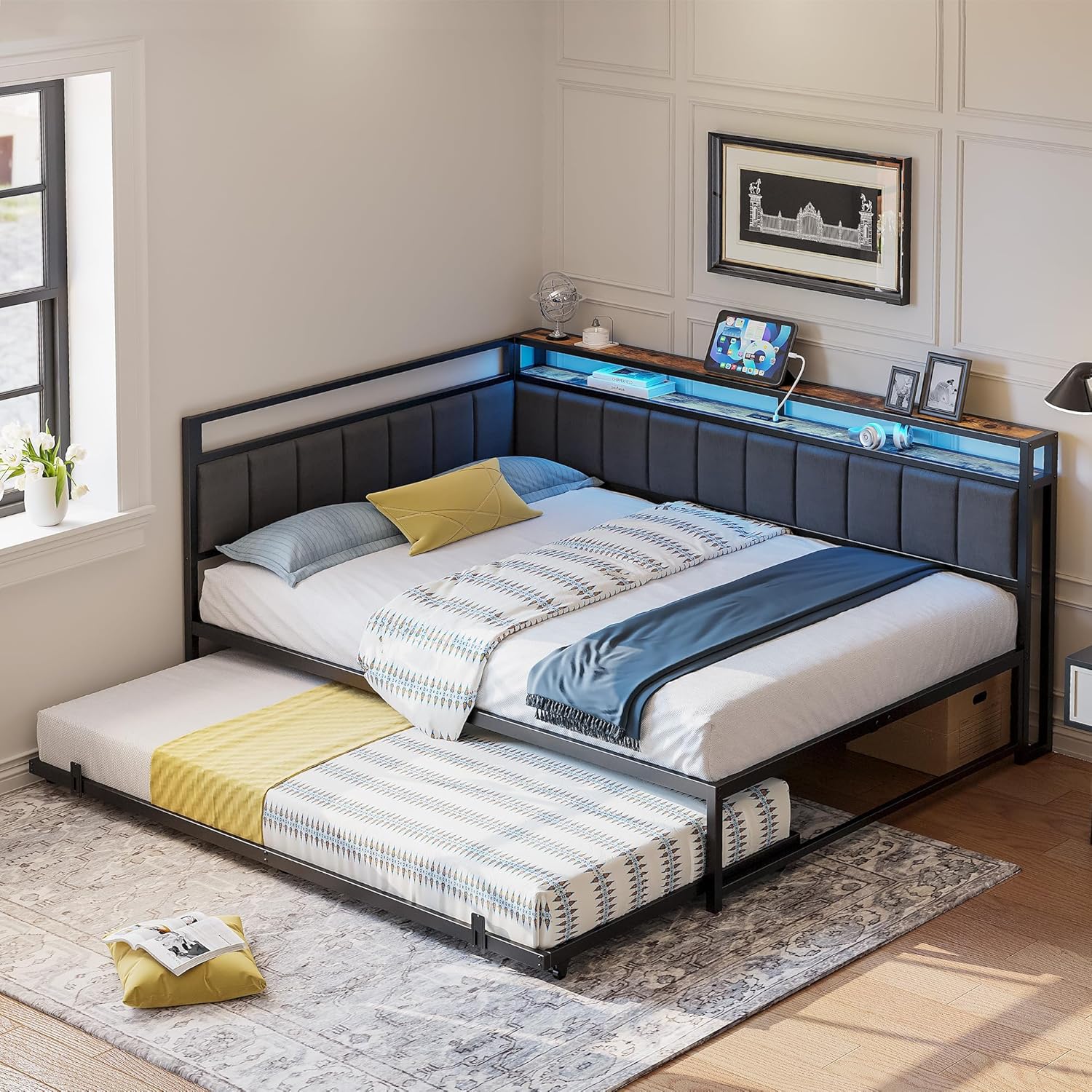 LIKIMIO Gray Full Size Corner Daybed with Trundle, Upholstered Headboard, RGB LED Lights & Charging Station - Space-Saving Metal Bed Frame