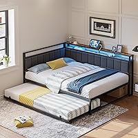 LIKIMIO Gray Full Size Corner Daybed with Trundle, Upholstered Headboard, RGB LED Lights & Charging Station - Space-Saving Metal Bed Frame