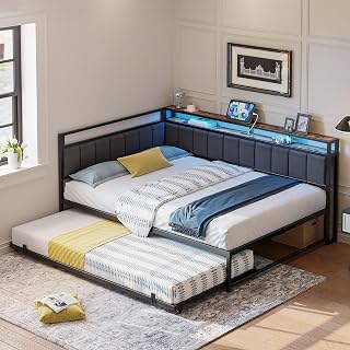 LIKIMIO Gray Full Size Corner Daybed with Trundle, Upholstered Headboard, RGB LED Lights & Charging Station - Space-Saving Metal Bed Frame