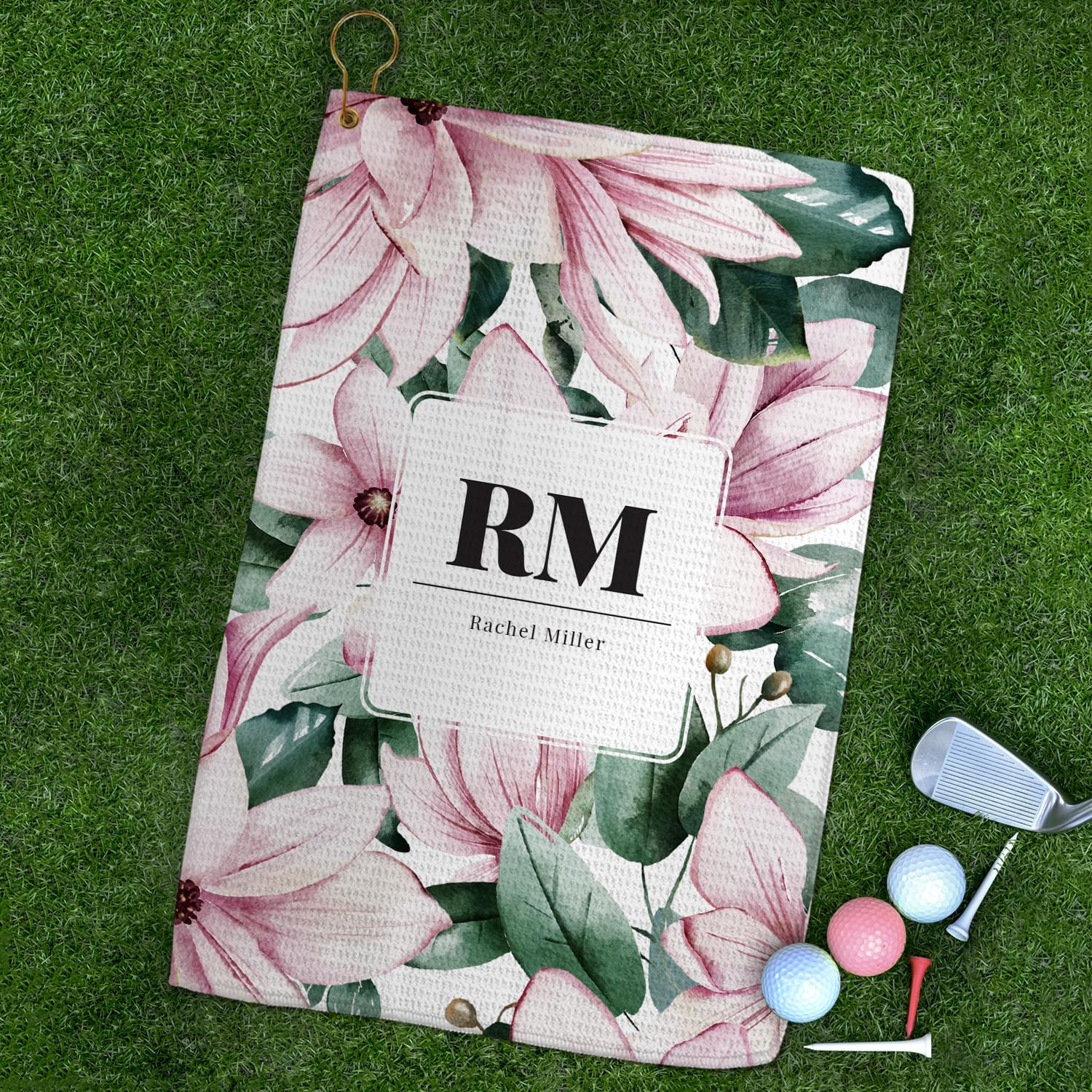 Canopy Street Personalized Modern Pink Floral Golf Towel/Custom 16" x 24" Watercolor Magnolia Microfiber Golfing Towel with Gold Fastener/Personal Mother's Day Golfer Accessory Present