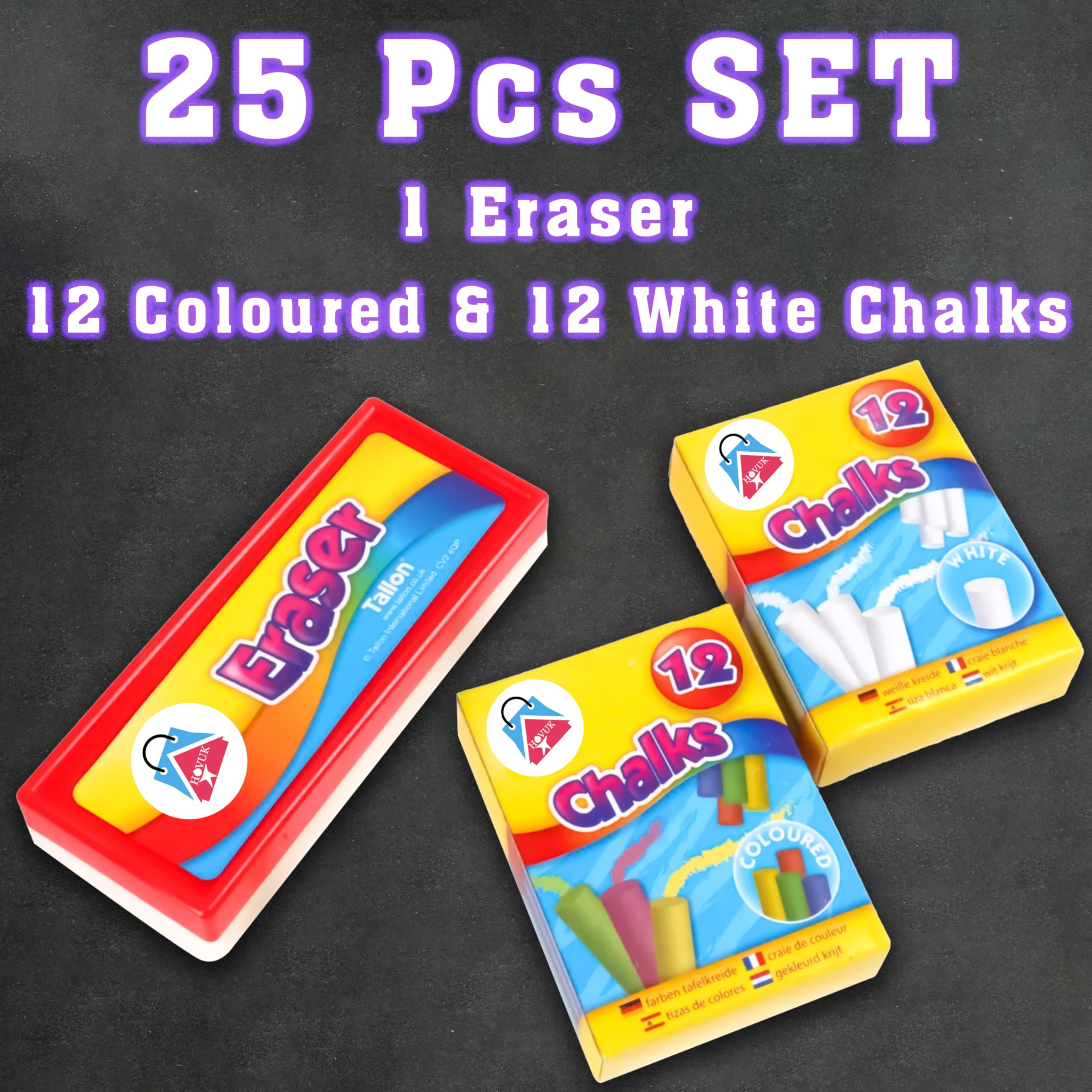 HOVUK Chalk and Eraser Set for Blackboard (25Pk Set) - White and Coloured Chalk with Sponge Eraser, School Supplies for Kids 3+Years - Image 3