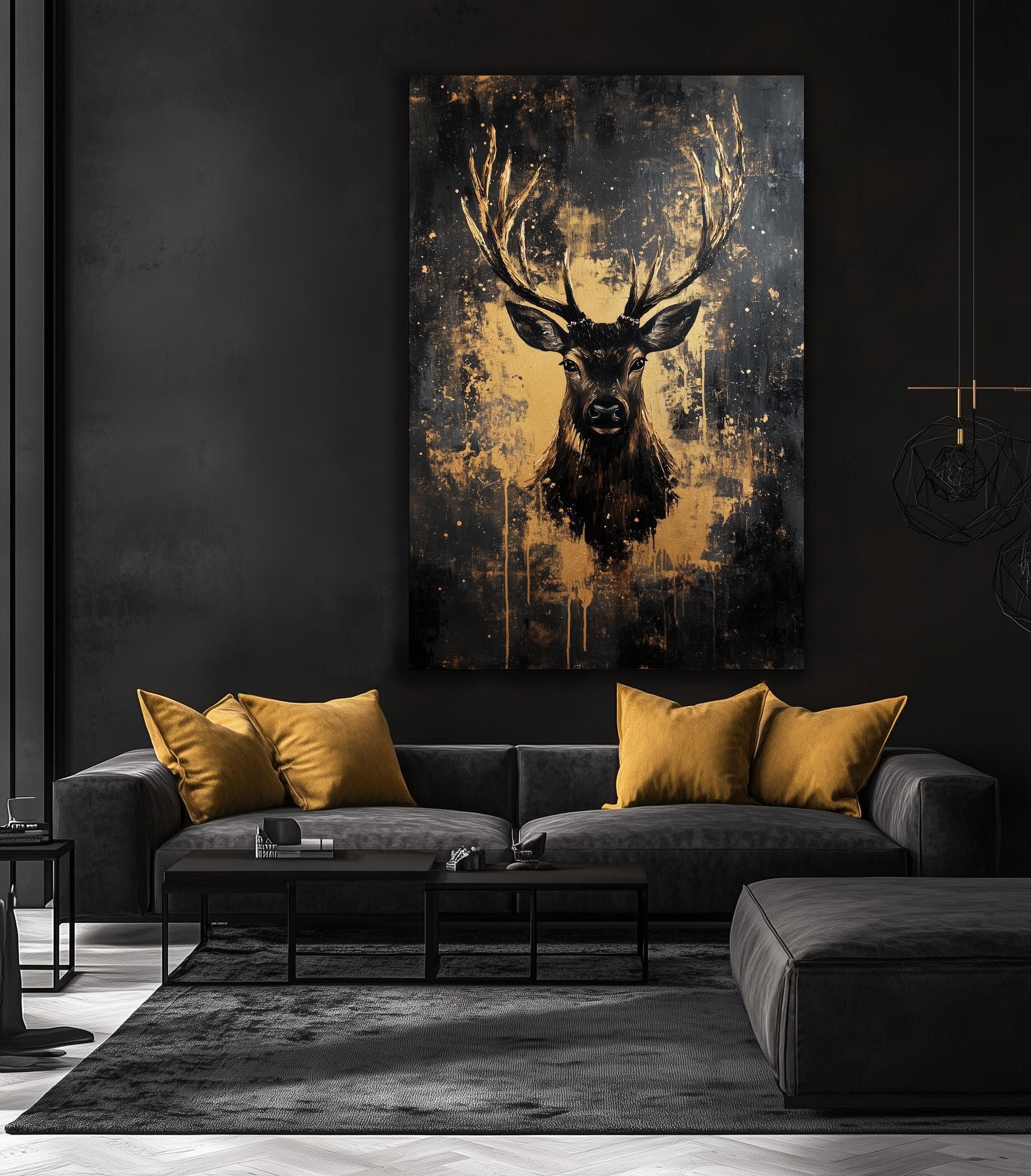 YUSUZHU Hirsch-Wandbild auf Leinwand, Wanddekoration mit schwarzem und goldenem Hirschmotiv, rustikales Hüttenmotiv, luxuriöses Wildtiergemälde, Wohnbild (80 x 120 cm/Innenrahmen)