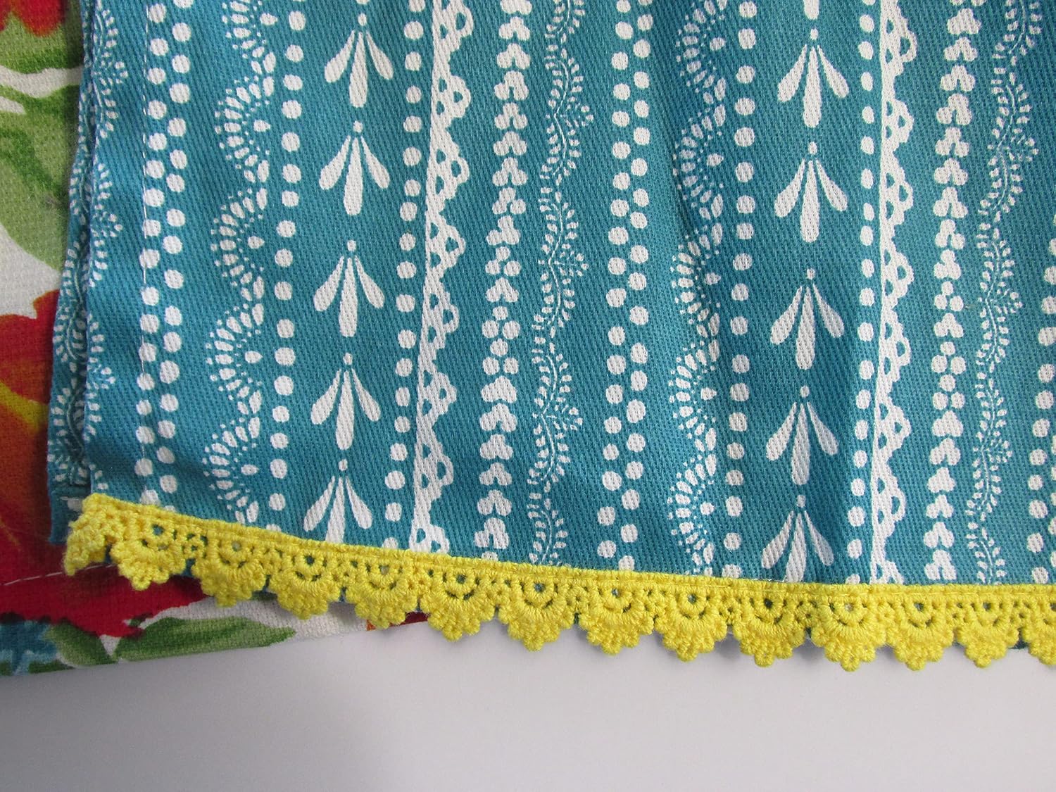 Set of 2 Wildflower Whimsy Double Layer Hanging Kitchen Hand Towels Yellow Crochet Top Towels