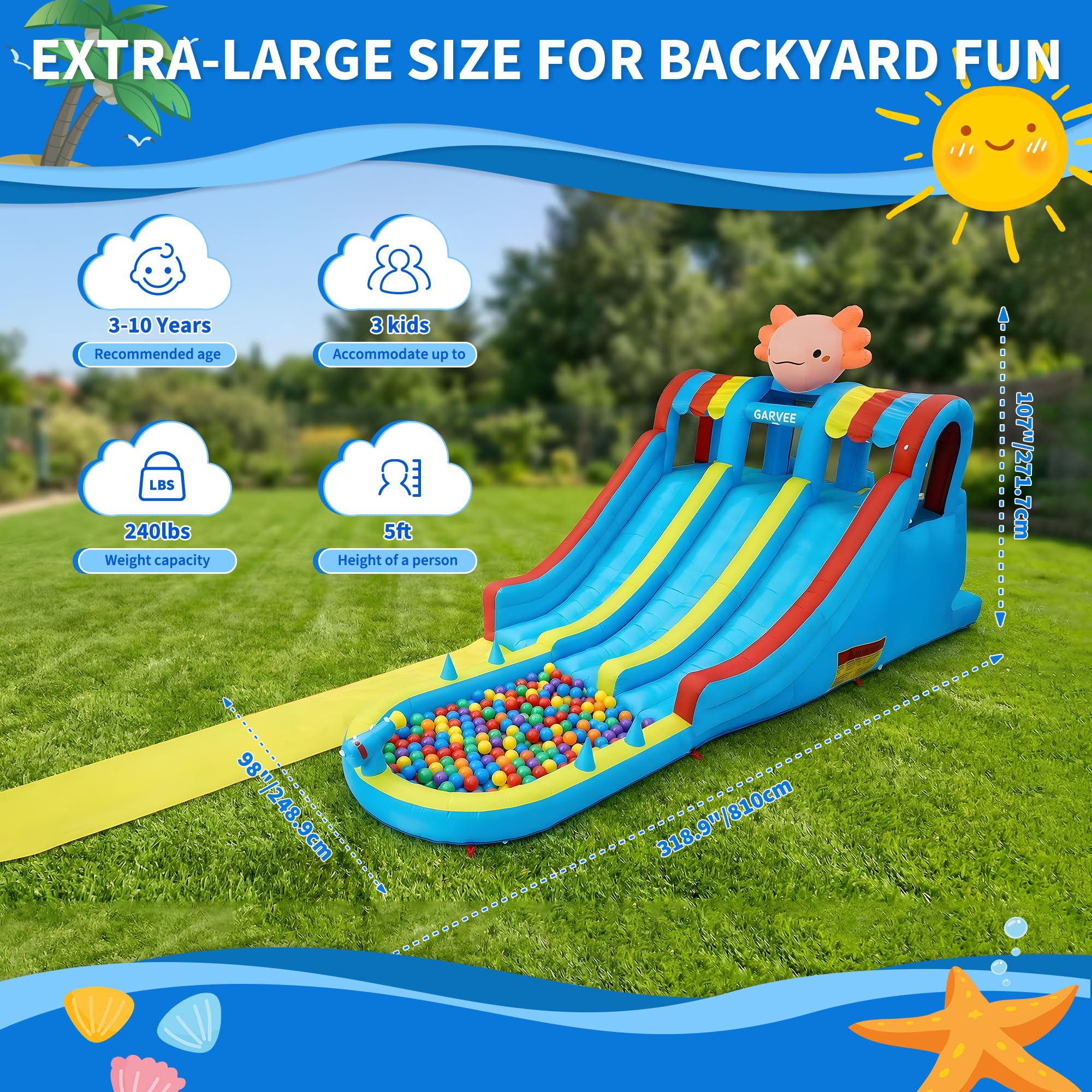 XXL Planschbecken Mit Rutsche, Wasserspielzeug Mit Gebläse, 4 Modi Indoor | Outdoor Wasserrutsche, Aufblasbar, Pool Mit Rutsche, Wasserbahn Kinder Draußen