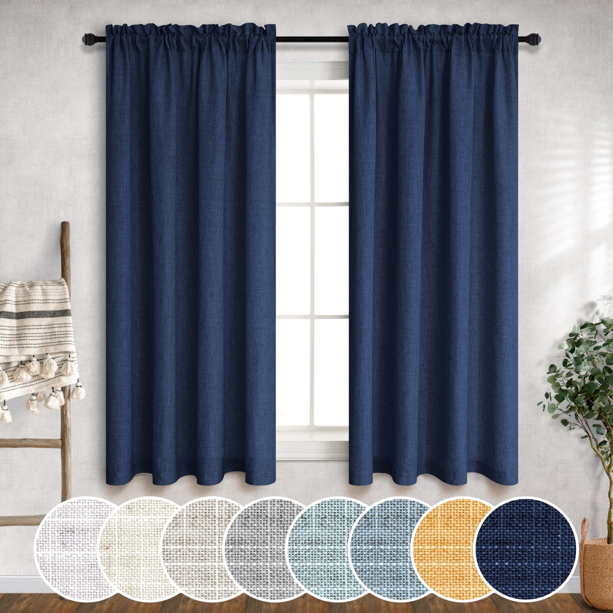 Dark Blue Linen Curtains 54 Inch Length for Bedroom 2 Panels Set Rod Pocket Light Weight Filtering Linen Textured Semi Sheer Navy Curtains for Boys Room Playroom Master Guest Room Decor 52x54 Long — image 1