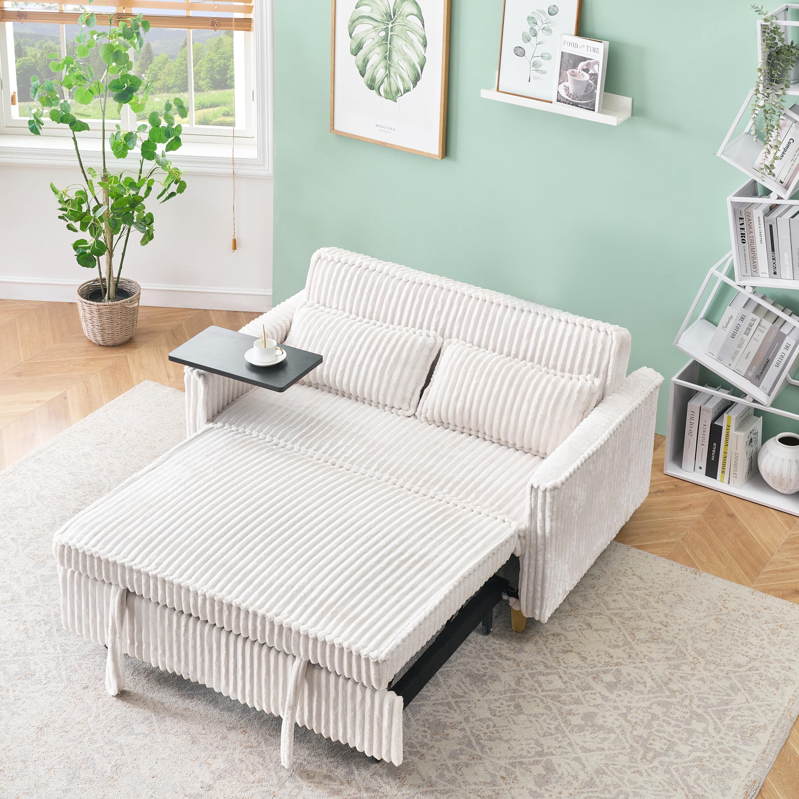 Photo 1 of KEIKI 54" Convertible Sofa Bed, 3-in-1 Sleeper Sofa with Pull-Out Bed, Corduroy Futon Lounge Recliner Sofa Bed w/Movable Tabletop & USB Ports, Small Loveseat, Gray