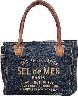 Shy Shy Bags Sel De Mer Upcycled Canvas Hand Bag Upcycled Canvas & Cowhide Tote Bag Radiant Upcycled Leather Bag (Denim Blue)