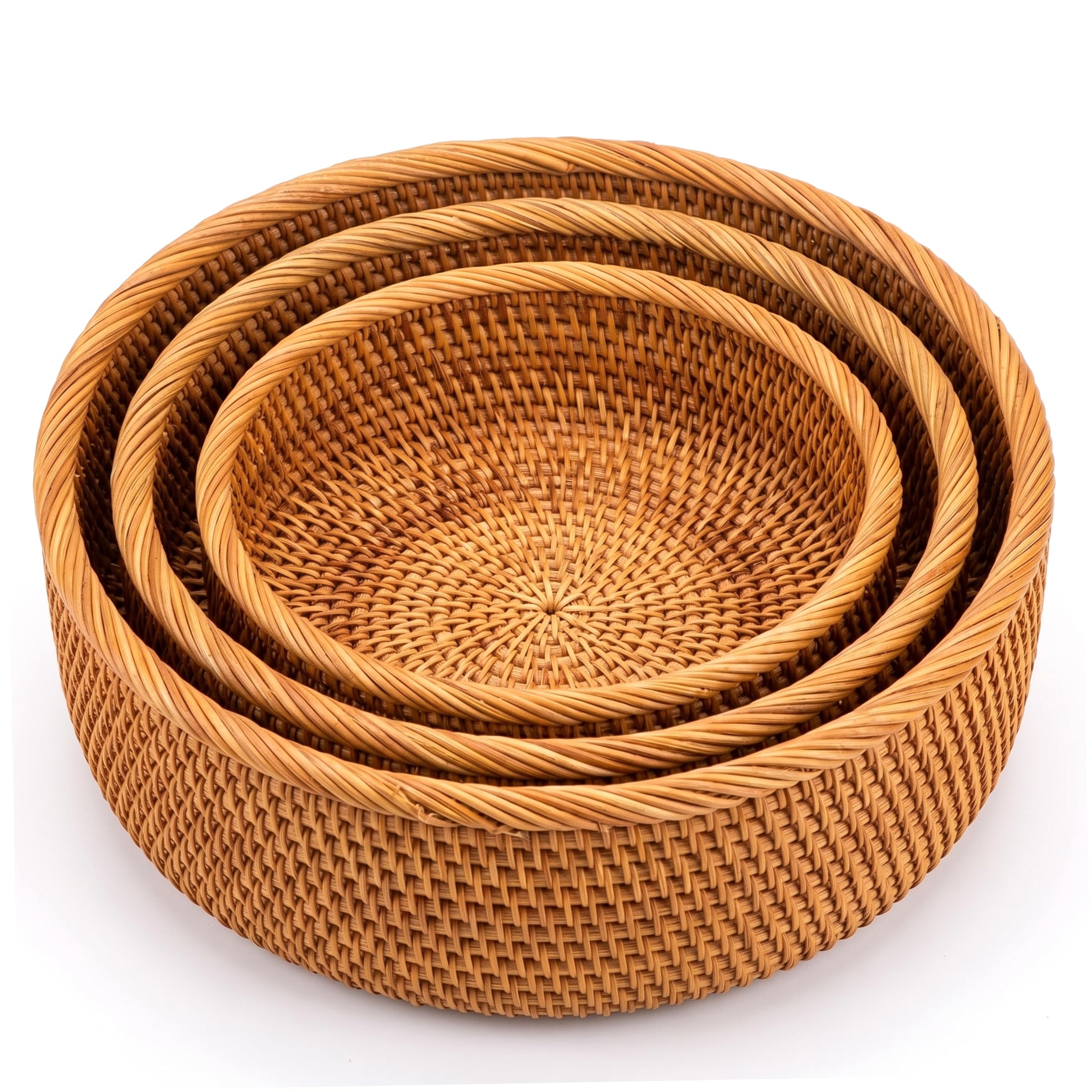 Gemuseeee 3Pcs Natural Handwoven Round Wicker Rattan Basket Bread Baskets for Serving Home Organization Storage