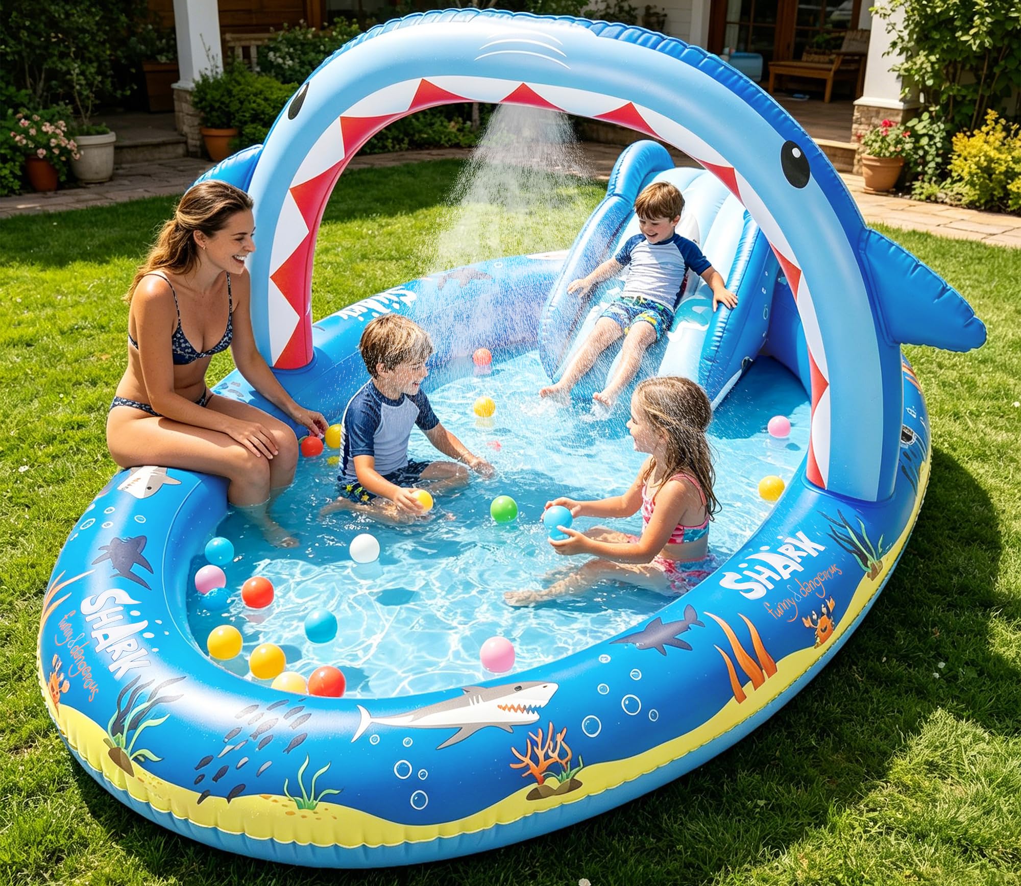 Photo 1 of Inflatable Ocean Shark Play Center, Summer Splash Pad Kids Pool with Slide&Sprinkler, Blow Up Toddler Water Pool for Backyard and Garden 96''x59''x39''