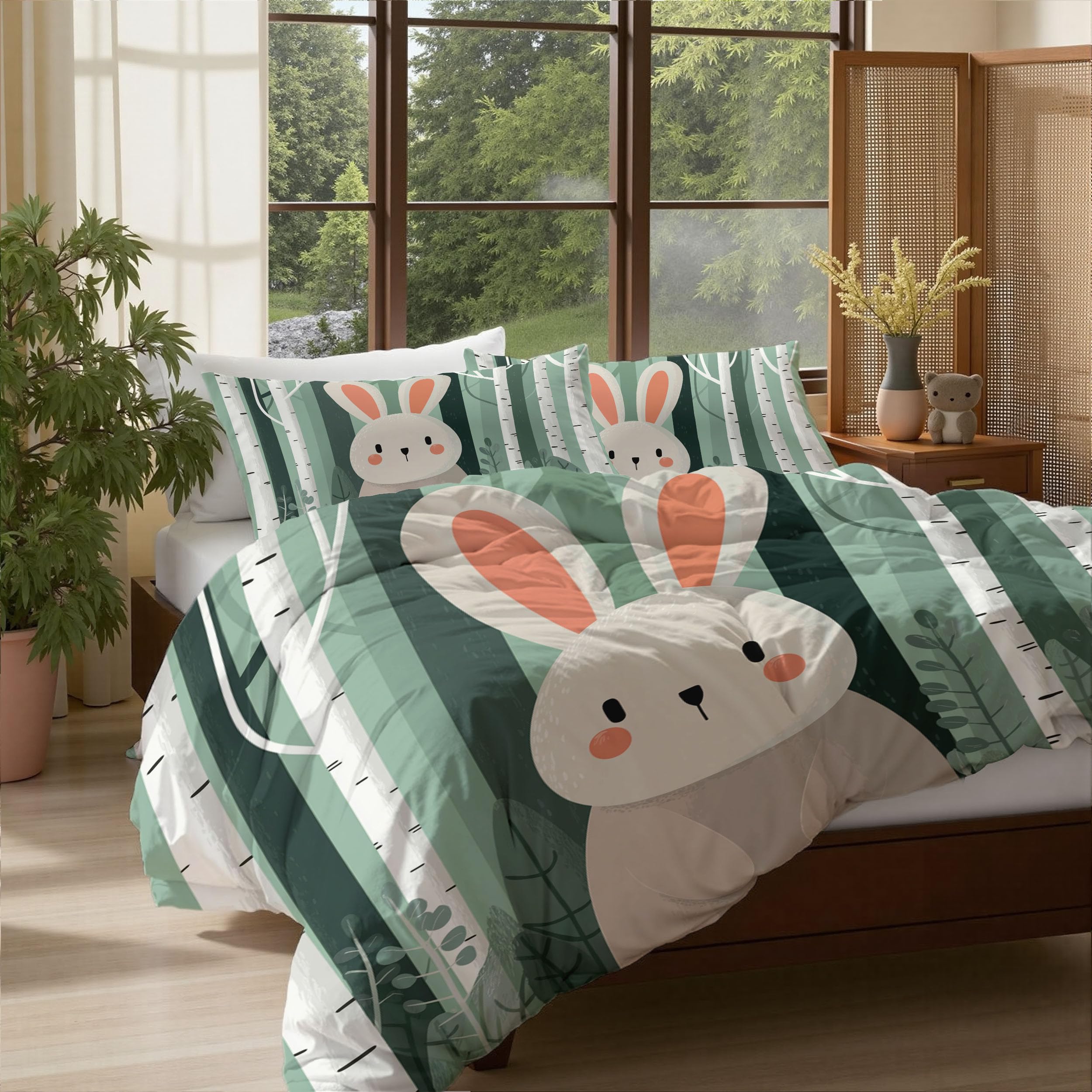 Housse de couette 220x240cm en coton vert sauge motif forêt chic pour lit double