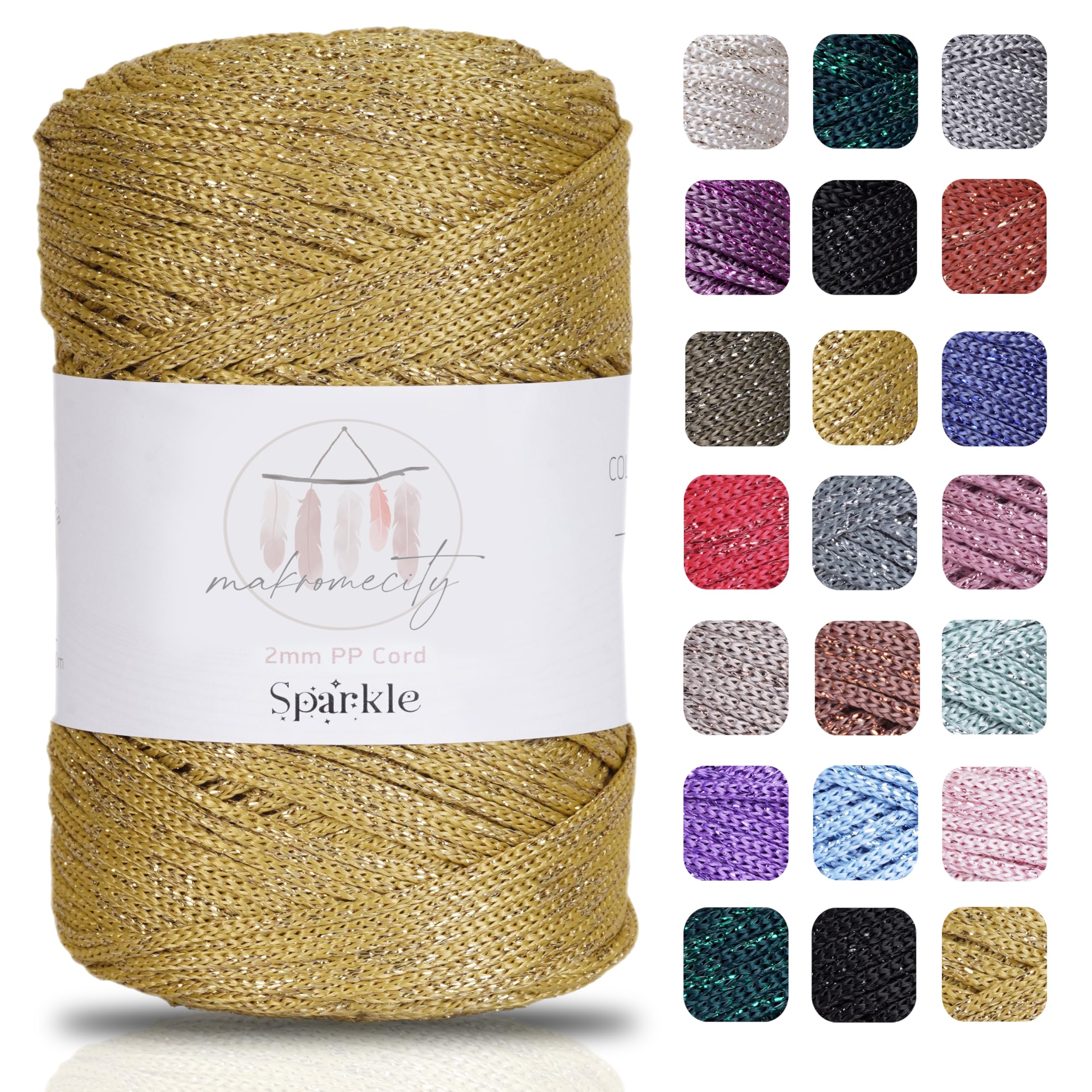 Makromecity, Sparkle Polyester Macrame Cord 2mm x 250 Yards (750 feet) 2mm Polypropylene Macrame Cord for Macrame Art & Crafts for Wall Hangings, Bags, Underplate, Rug