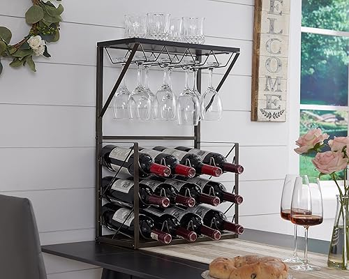 Kings Brand Furniture - Soporte de estante de vino para encimera de 12 botellas con soporte para vidrio, estante de gabinete de almacenamiento de