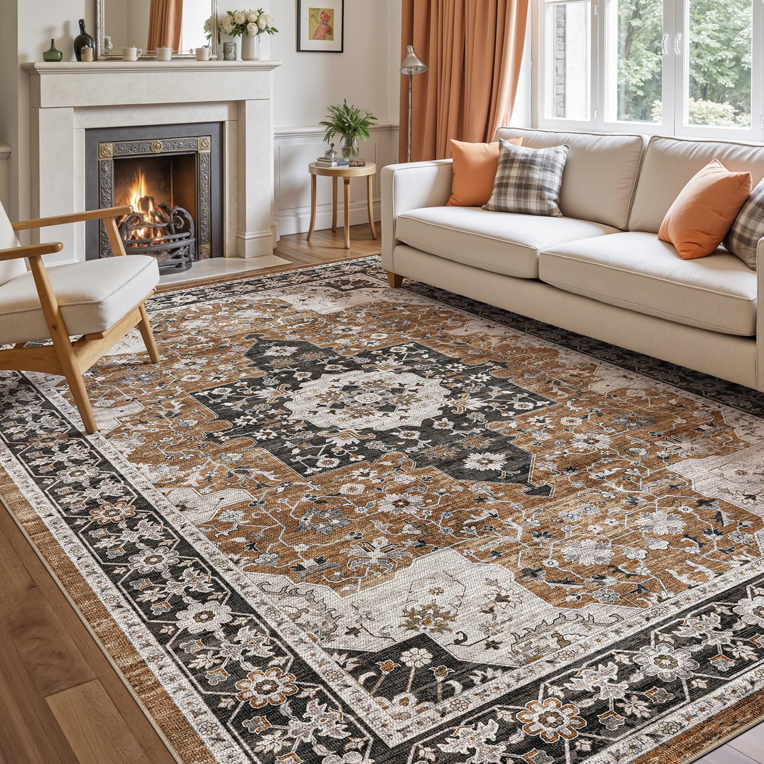 DEXI Washable Area Rug for Living Room 5x8, Vintage Farmhouse Soft Indoor Large Rugs, Stain Resistant Low Pile Carpet with Non Slip Backing for Dining