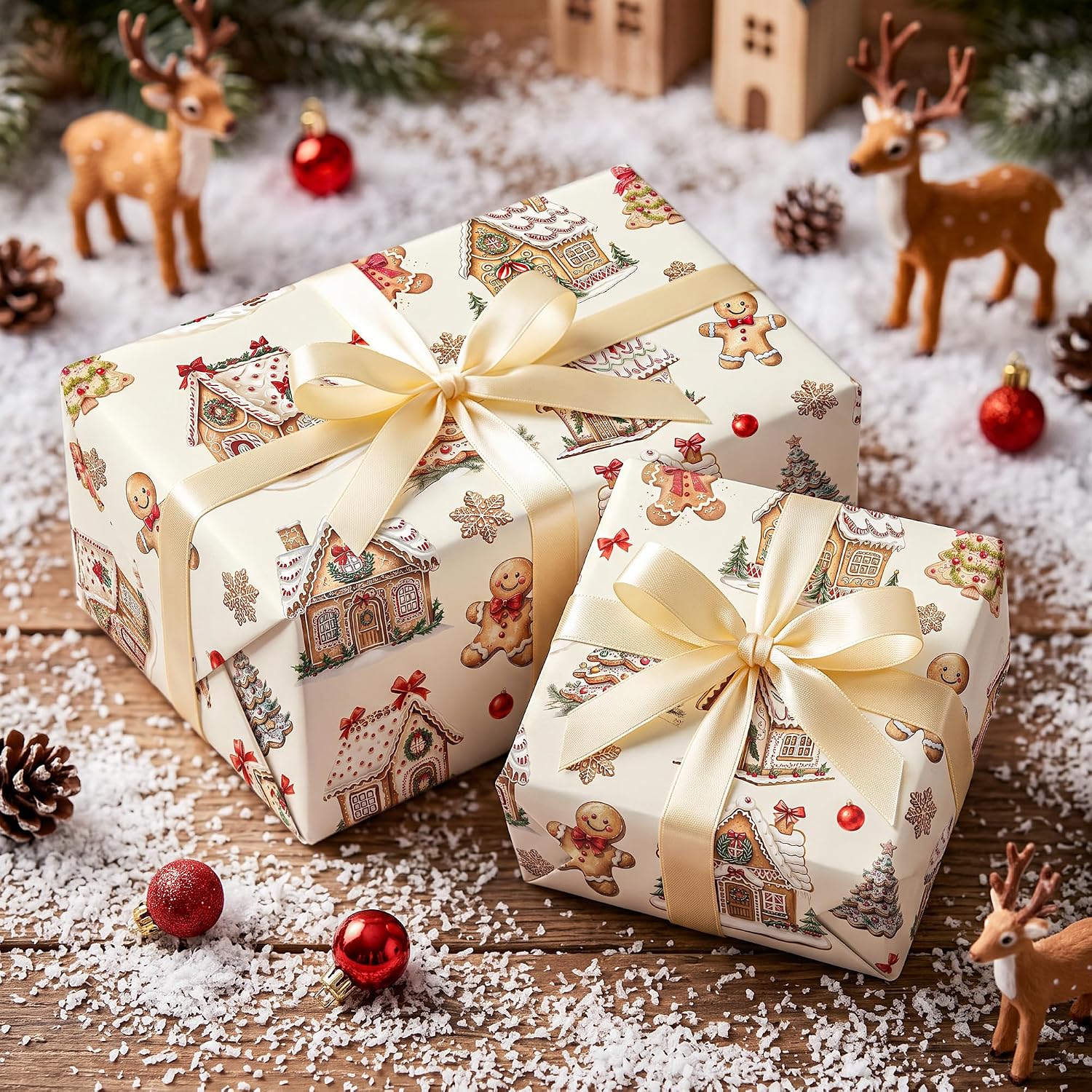 Dlyrroba Gingerbread Christmas Wrapping Paper Roll - Gingerbread House Snowflake Cookie Design Gift Wrap for Christmas Holiday Party Celebration 17 Inch x 16.5 Feet image 4