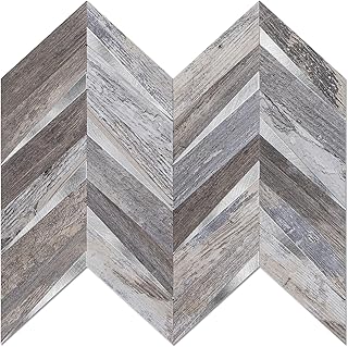 10-Sheet Herringbone Tile Peel and Stick Backsplash, Distressed Wood Look PVC Mixed Metal Silver Stick on Backsplash, Self Adhesive Wall Tile for Kitchen