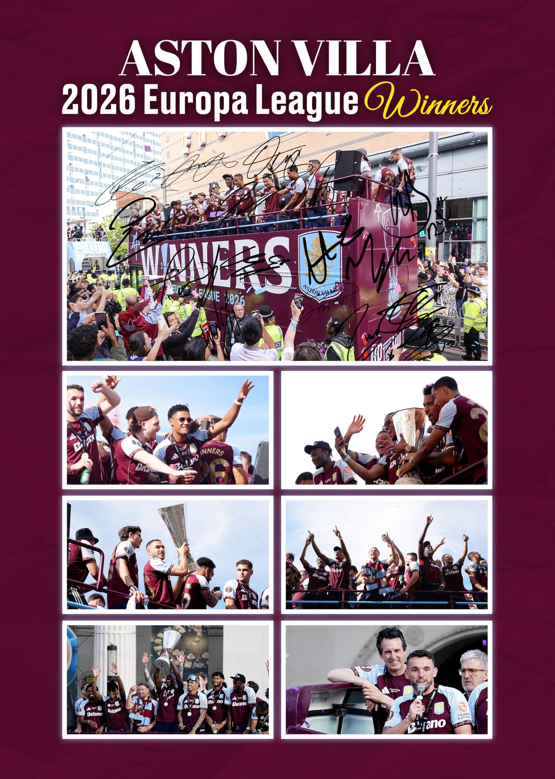 RJR PRINTS Aston Villa - 2026 Europa League Winners Multi Signed A4 Montage Photo Print Which Would Make A Great Gift For Any Fan.