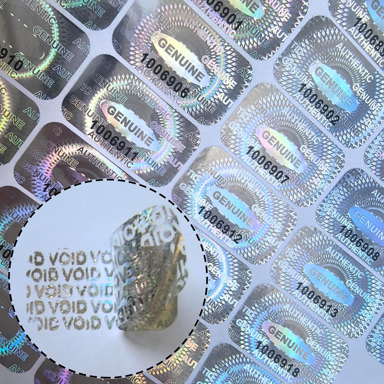 1000pcs Custom Tamper Proof Hologram Stickers Silver Customized High Security Tamper Evident Warranty Seal Void Genuine Authentic Holographic Labels/Stickers w/Unique Sequential Serial Numbering