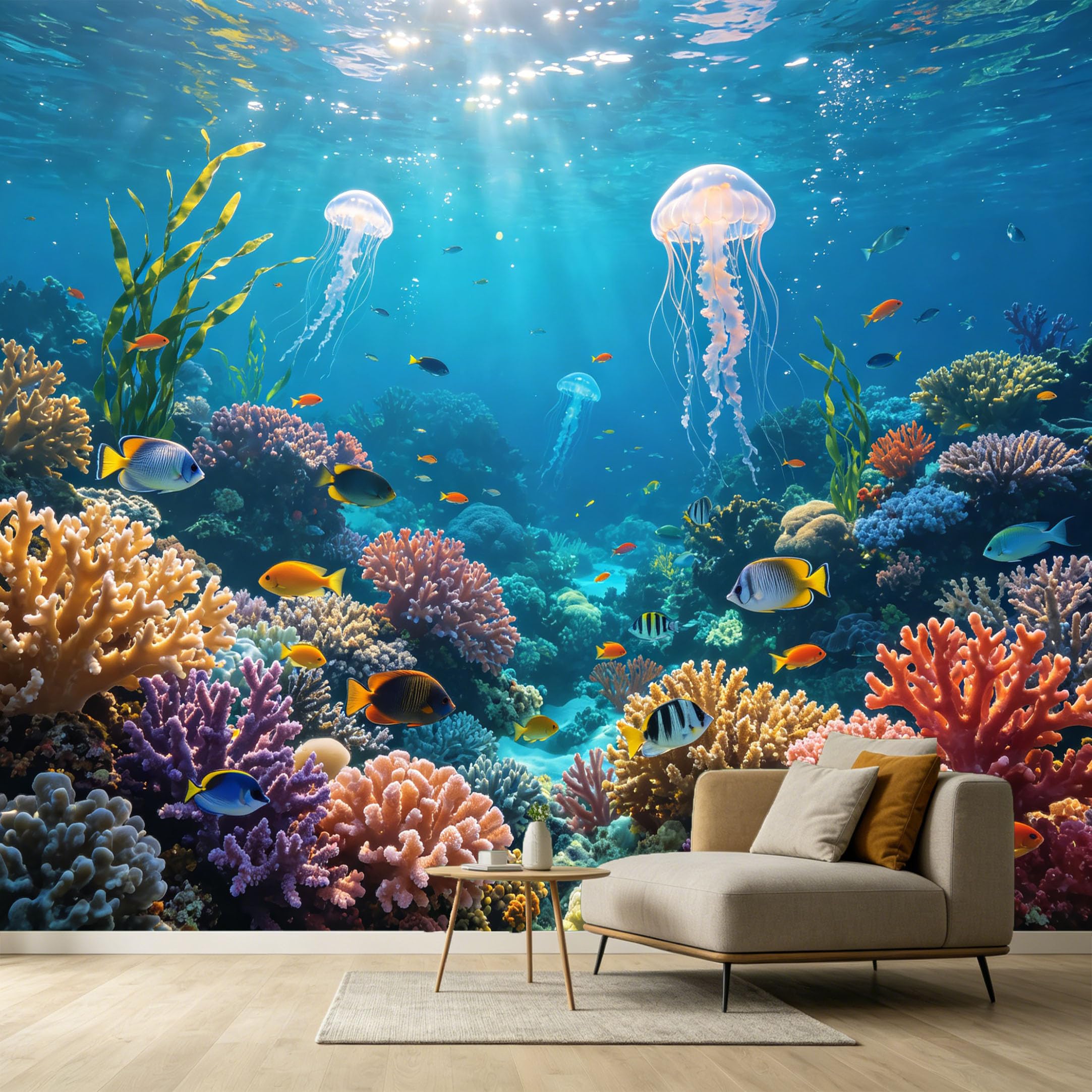 Custom Size Wall Murals Ocean Marine Jellyfish Tropical Fish Coral Reef 3D SelfAdhesive Wall Fabric Removable Large Wallpaper for Photo Living Room
