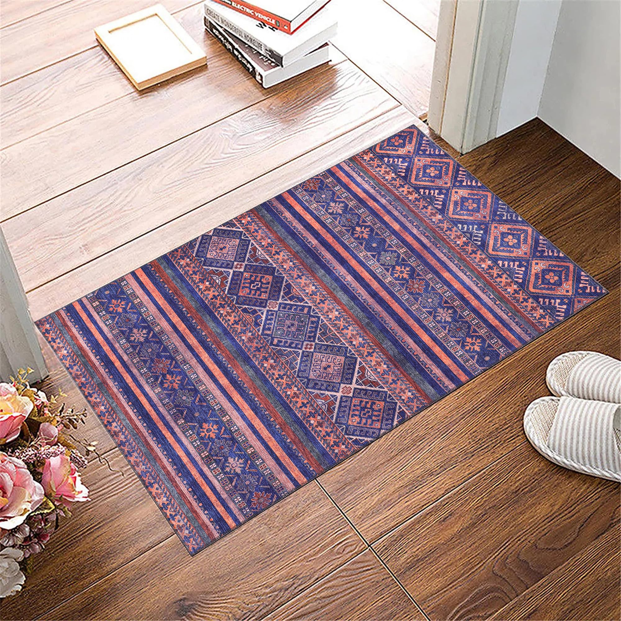 Tapis traditionnel à tissage plat et lavable, antidérapant, tapis de sol décoratif, à poils ras et vintage, design bohème pliable pour couloir, chambre à coucher, bleu
