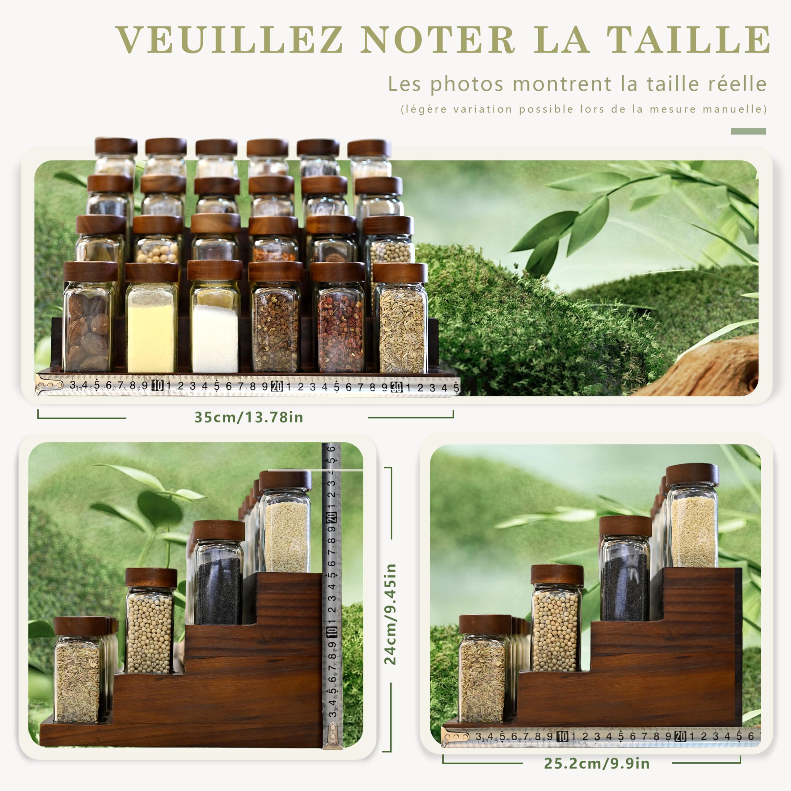 SAEIV 24 Pièces Pot à Épices Verre Couvercles Acacia, Bocaux Borosilicaté Sans BPA, Porte-Épices Hermétique, Étagère 4 Niveaux Acacia, Rangement Cuisine Gain de Place