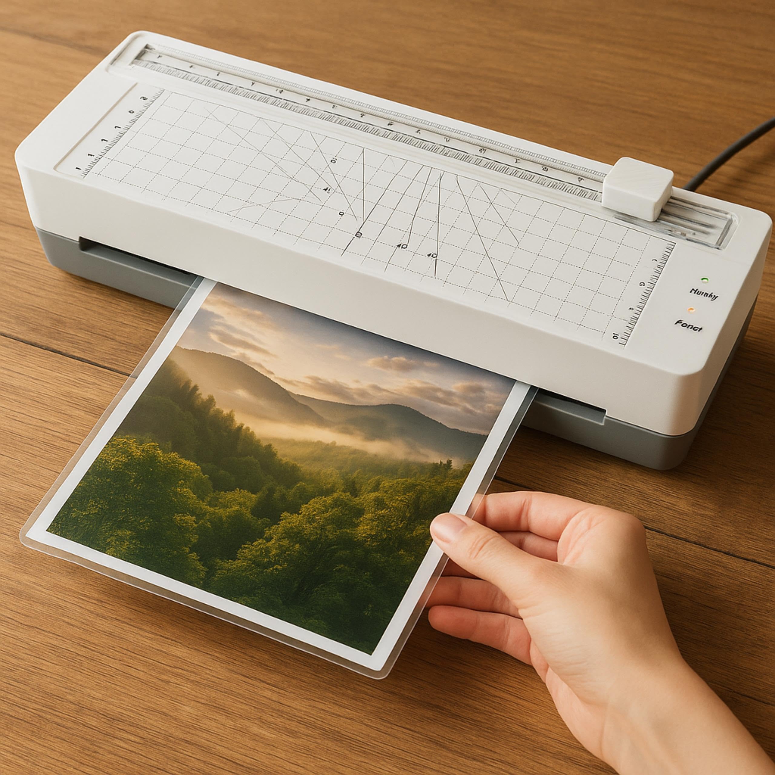 Laminator A3, A4, A5, A6, laminator na gorąco 80-125mic, laminarka, czas nagrzewania 3-5 min., prędkość laminowania 300mm/min., wbudowany trymer, dwie rolki grzejne, 5 folii w zestawie (biały)
