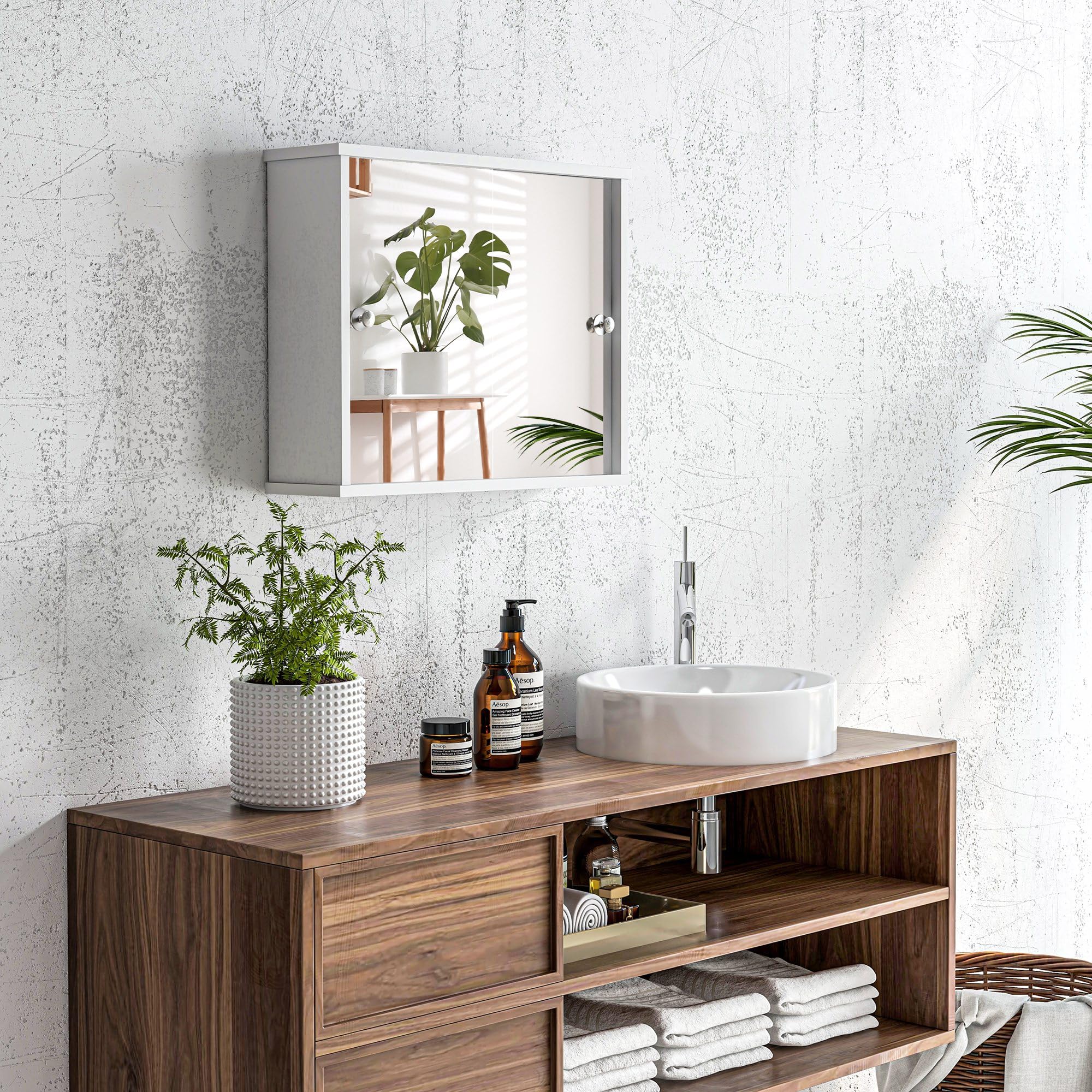 kleankin Armario con Espejo de Baño Mueble Colgante para Baño con Estante Ajustable y Puerta Corredera Doble para Dormitorio 55x15x45 cm Blanco Brillante