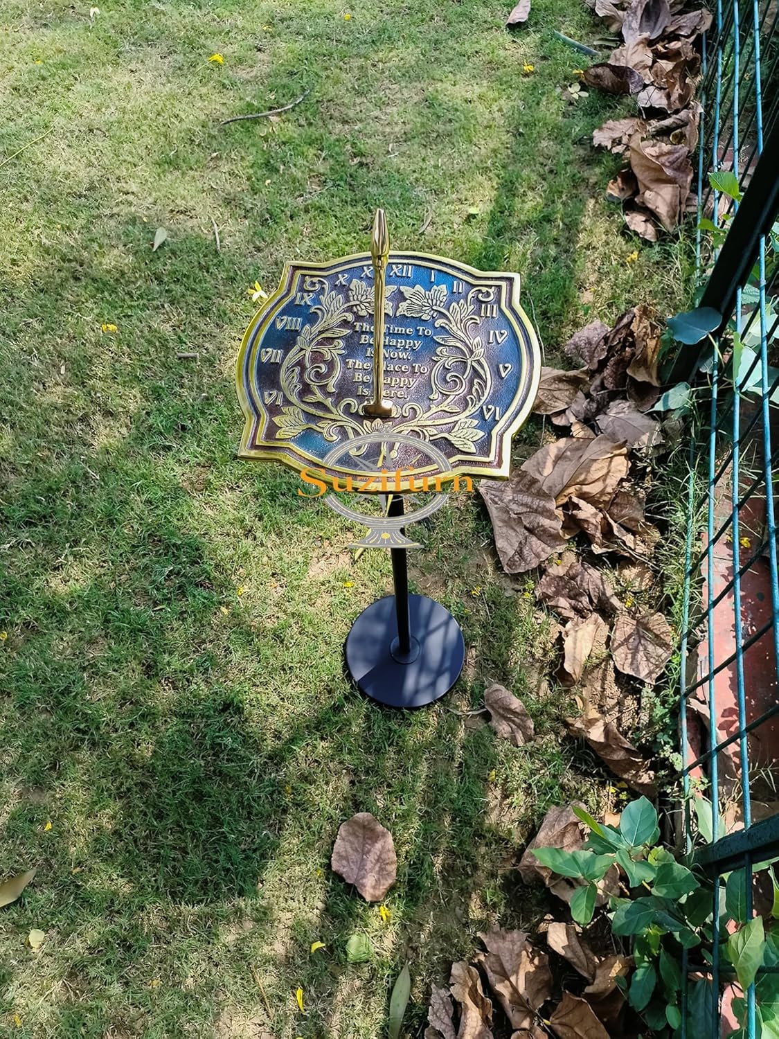 Happiness Sundial Solid Metal with Verdigris Highlights Home and Garden