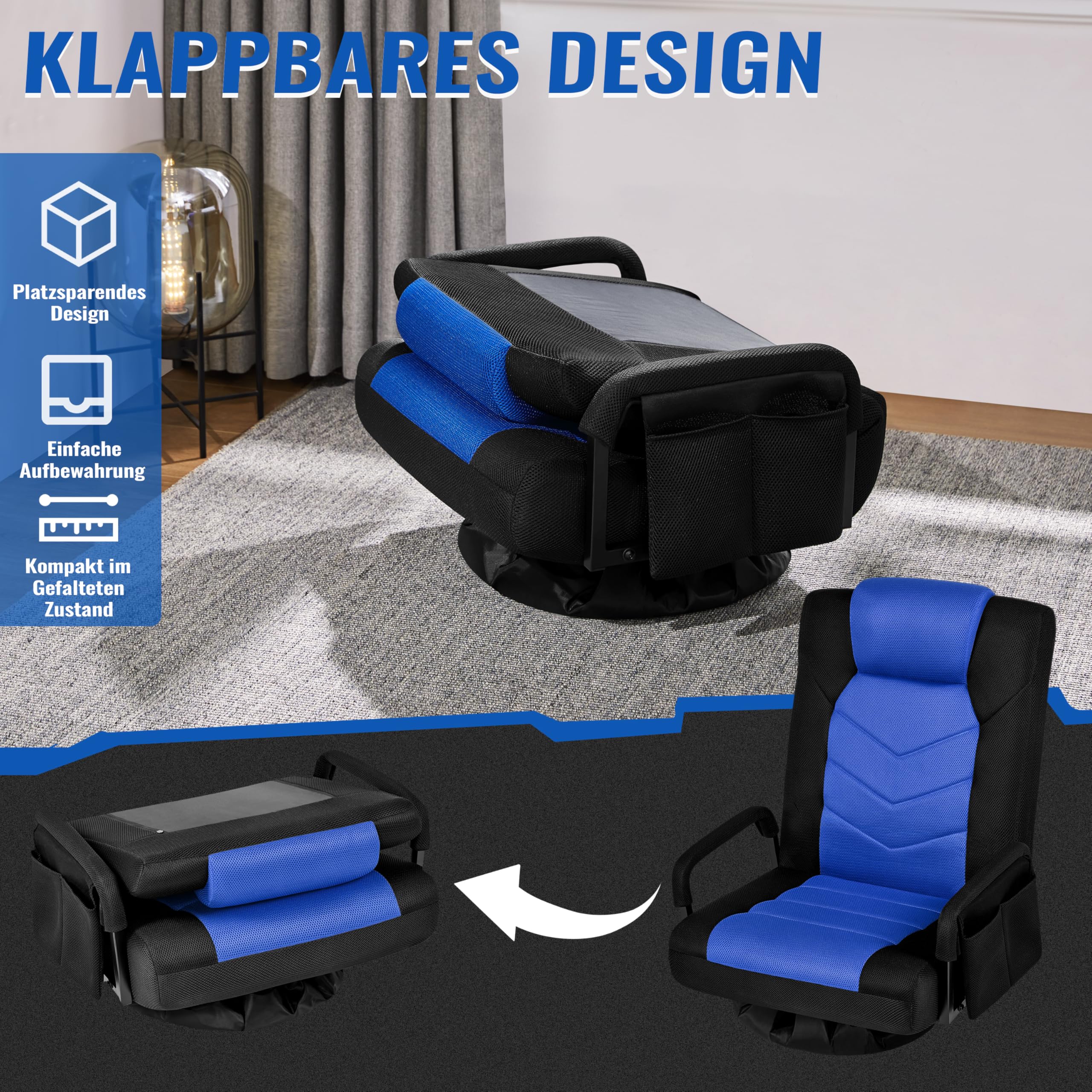 Yaheetech Bodenstuhl 360° Drehbar, Bodensessel 6-stufig Verstellbar, Klappbarer Boden Gaming Stuhl mit Armlehne & Praktischer Tasche, Bodensofa für Wohnzimmer/Schlafzimmer/Büro, Schwarz & Blau