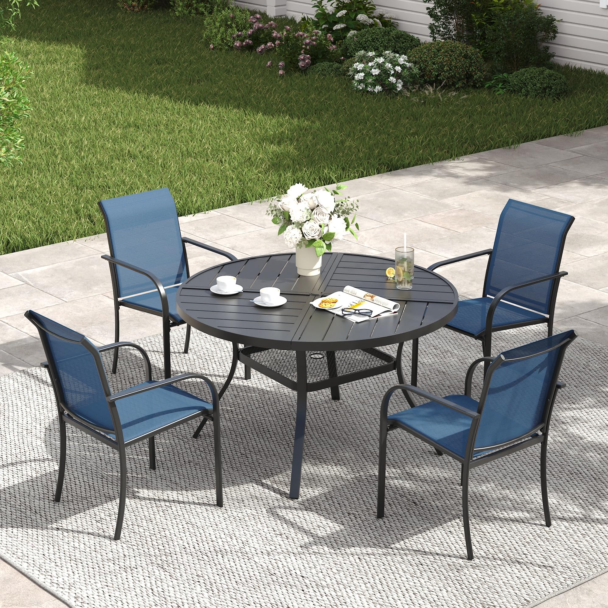 VICLLAX Patio Table and Chair Set of 4, All Weather Metal Round Outdoor Dining Furniture Set-40.6" Round Outdoor Table and Chairs, Black Tabletop