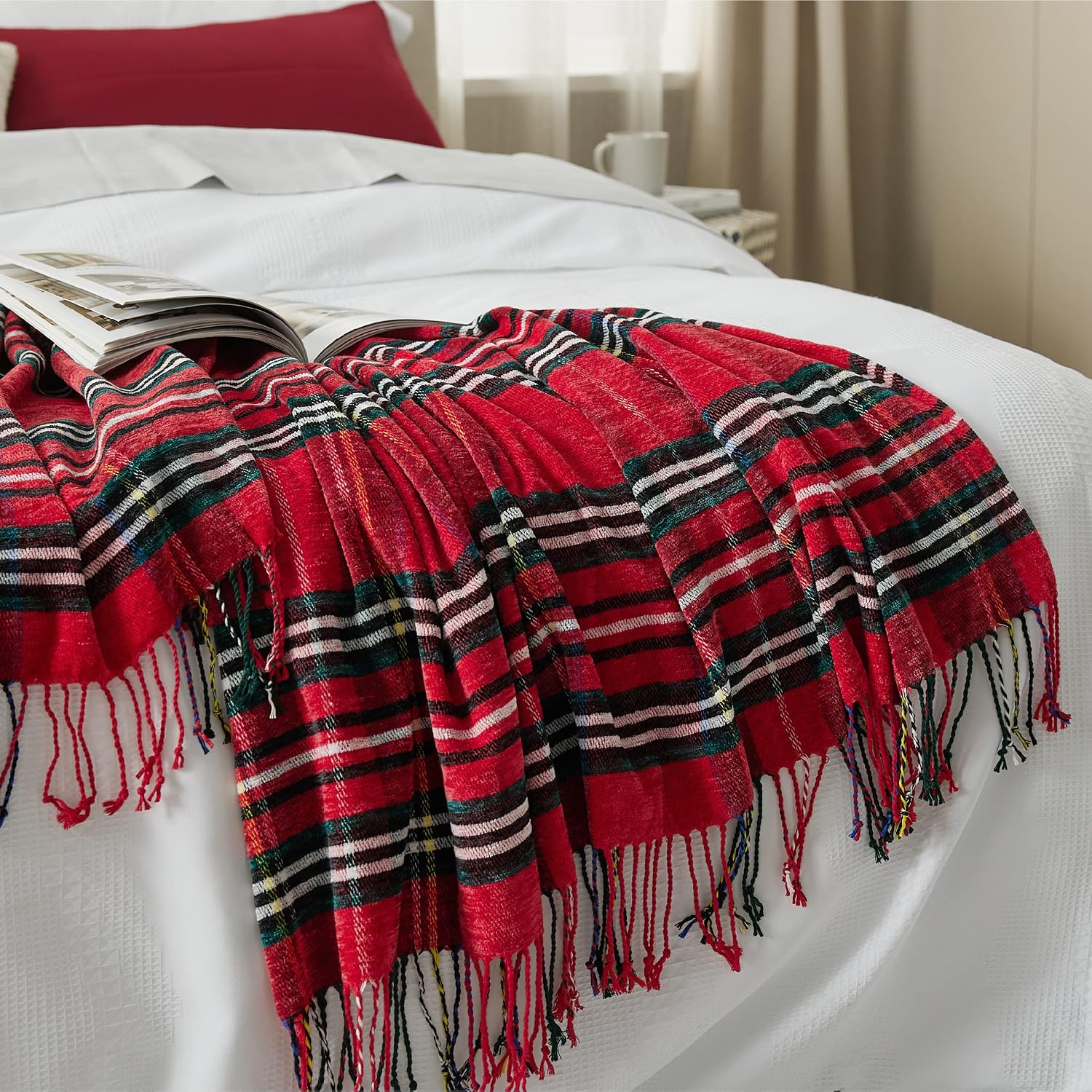 Bedsure Plaid Blanket Throw Size, Soft Chenille Decorative Blanket with Tassel for Couch, Sofa, Bed and Home Decor (Red, 50”x60”)