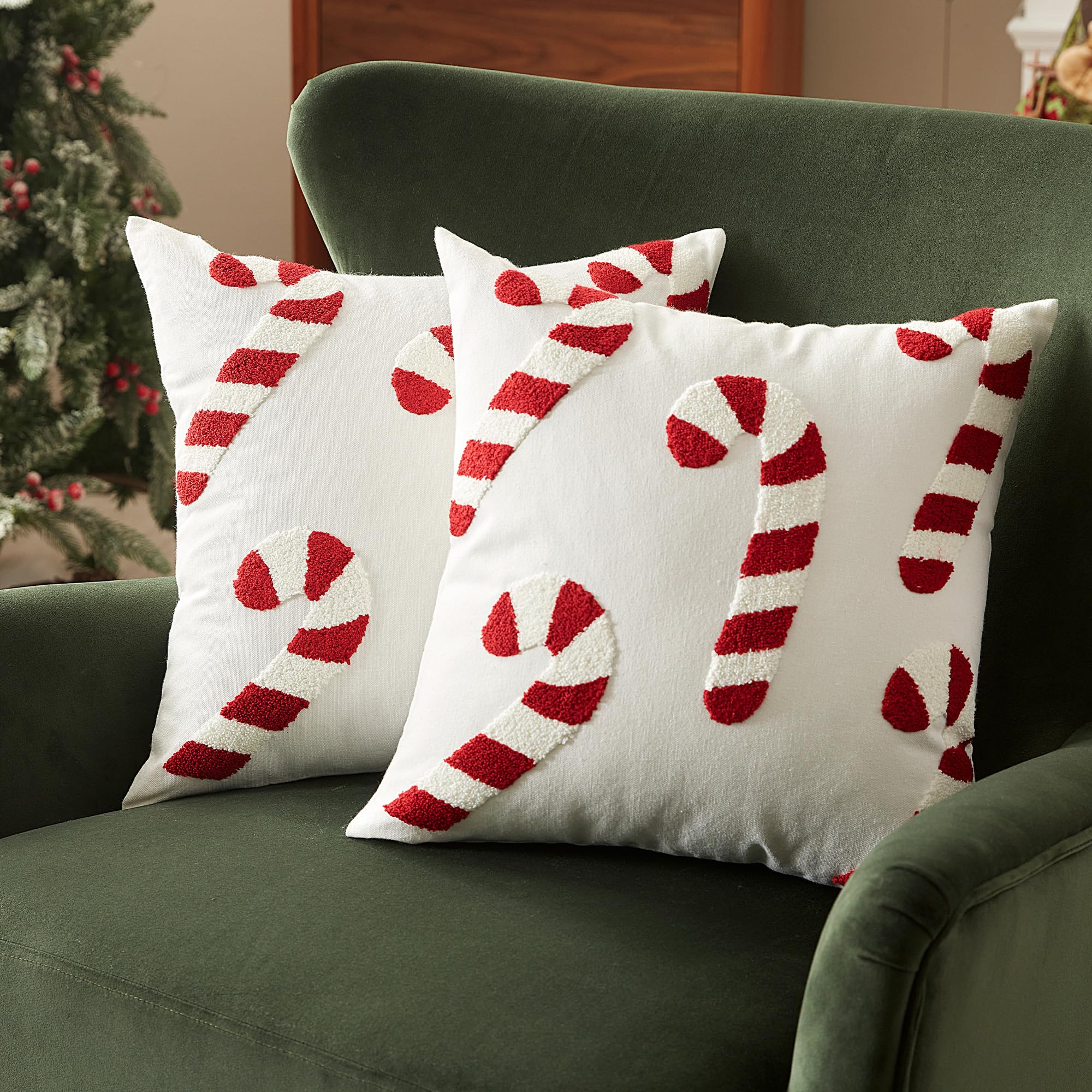 Sonvie Christmas Cushion Covers Set Of 2 with Large Candy Cane Decor for Christmas, Soft Decorative Square Throw Pillow Cover 45x45cm (18x18 in), Pillows Cases for Bedroom Sofa Couch Decorations