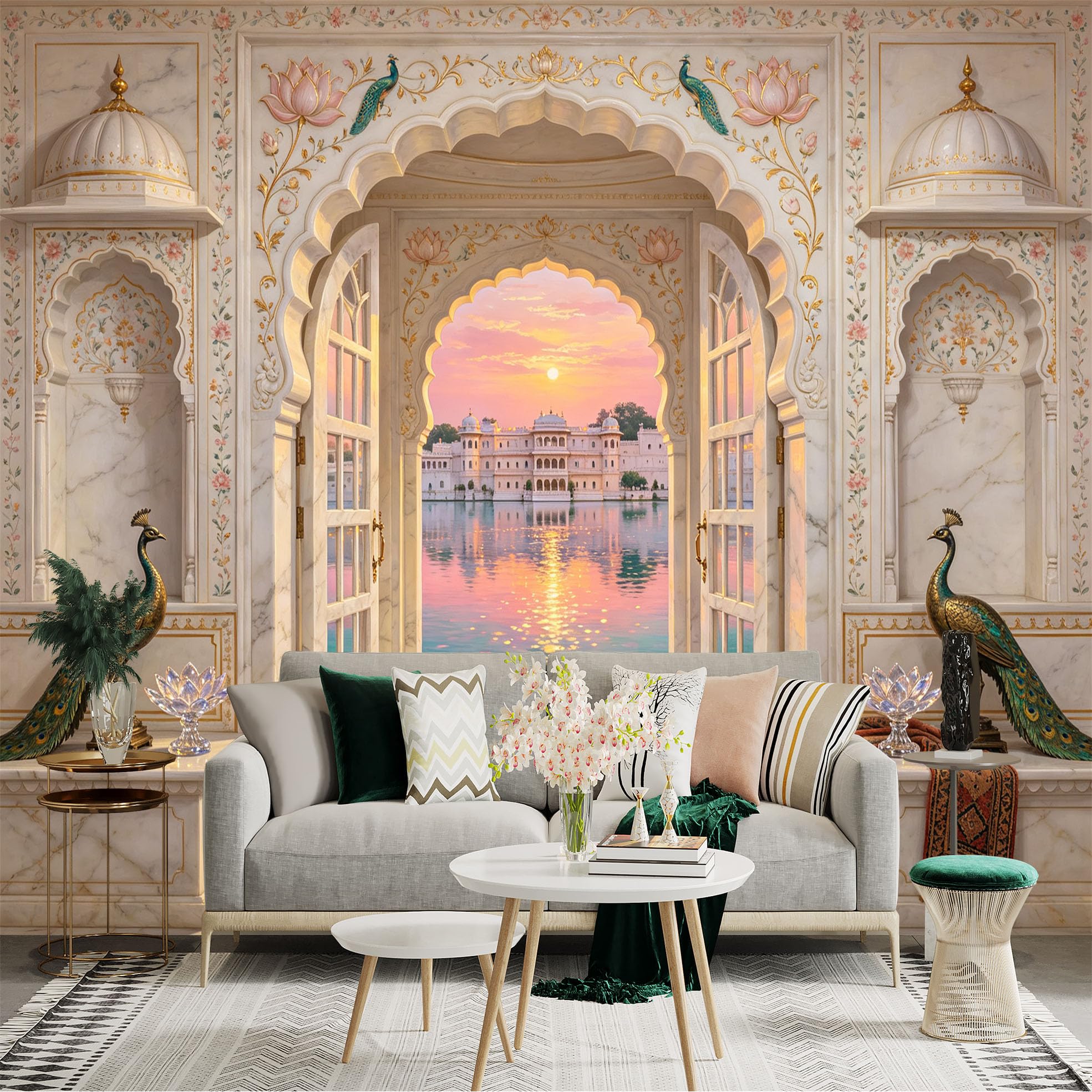 Custom Size Wall Sticker Mural， Luxury Palace Lake View with Peacock and Floral Archway， for wall Decoration， peelandstick wall Decals.