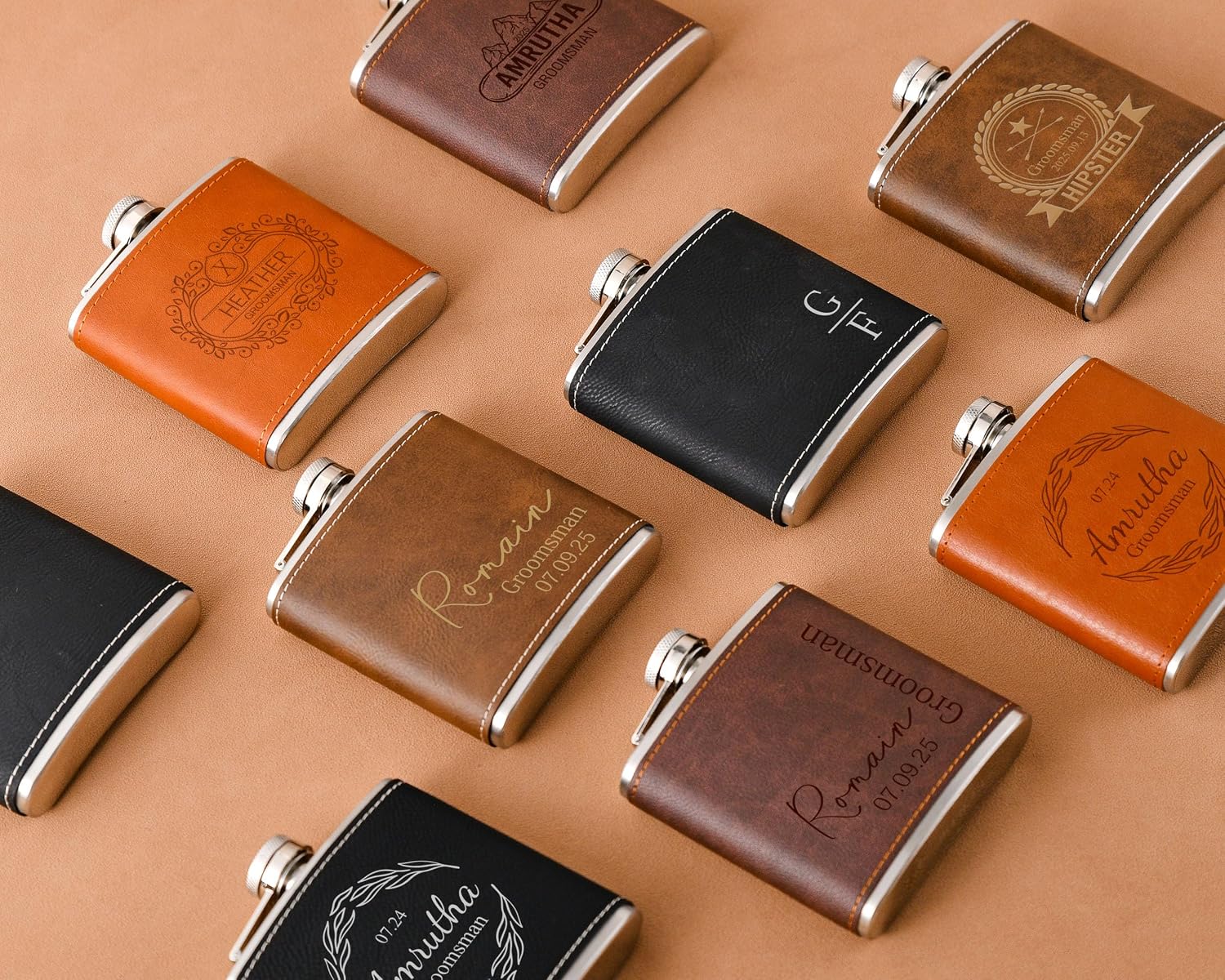 Personalized, engraved leather flask. Gifts for groomsmen at weddings and bachelor/bachelor parties