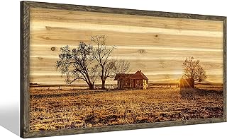 Bedroom Framed Wall Art Picture: Farmhouse Country Barn Wooden Painting Living Room Horizontal Nature Landscape Sunset View Print Long Panoramic Rustic Farm Cabin Sunrise Scene Artwork for Home