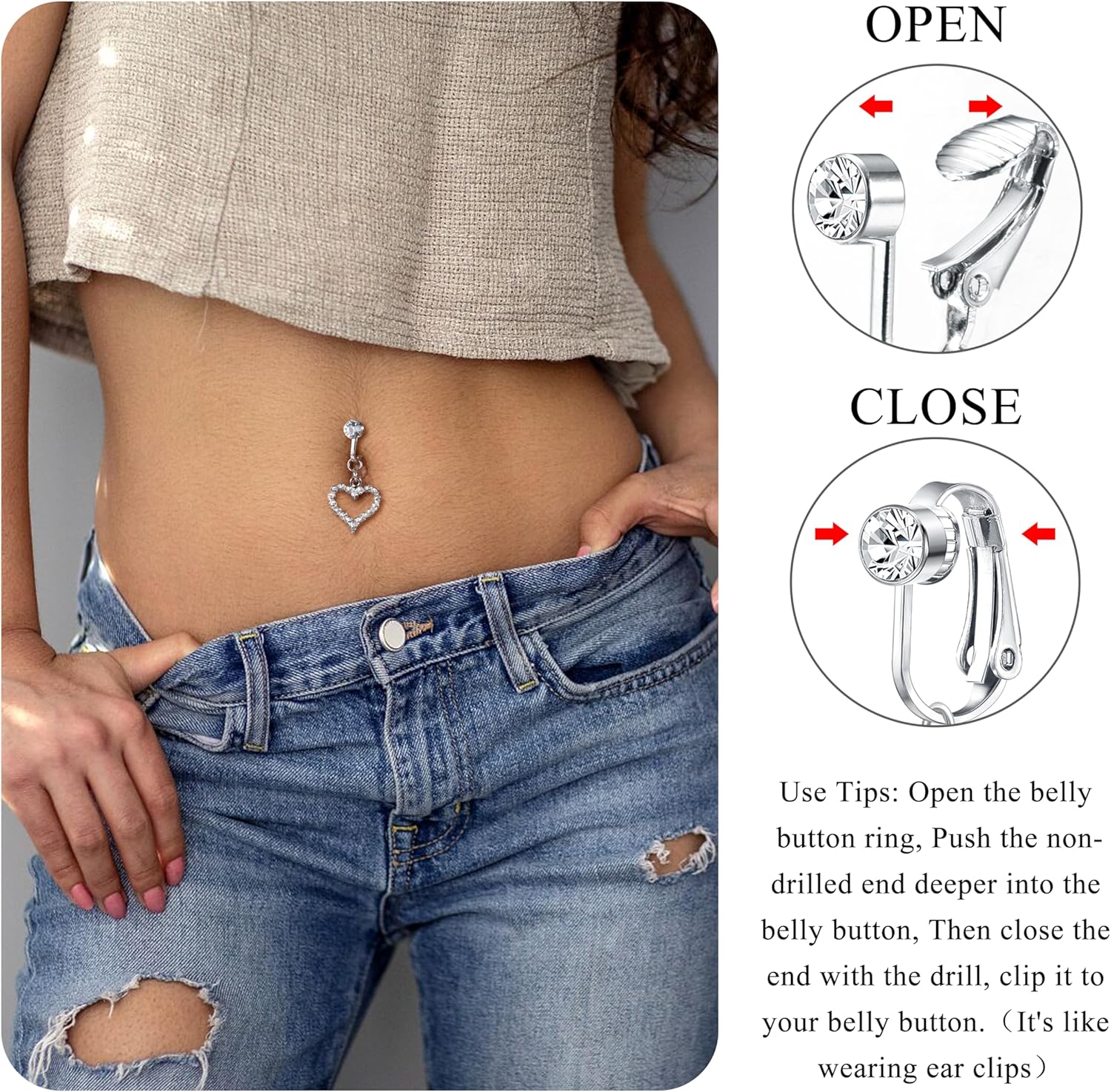 JeryWe 6個 フェイク ベリーリング クリップオン へそリング フェイクベリーサージカルスチール フェイクベリーボタンリング