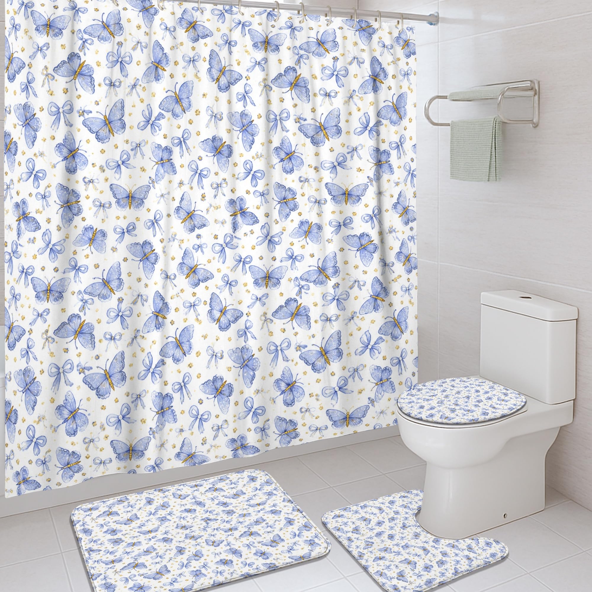 Rideau de douche avec motif papillon anti-moisissure et grand tapis absorbant assorti