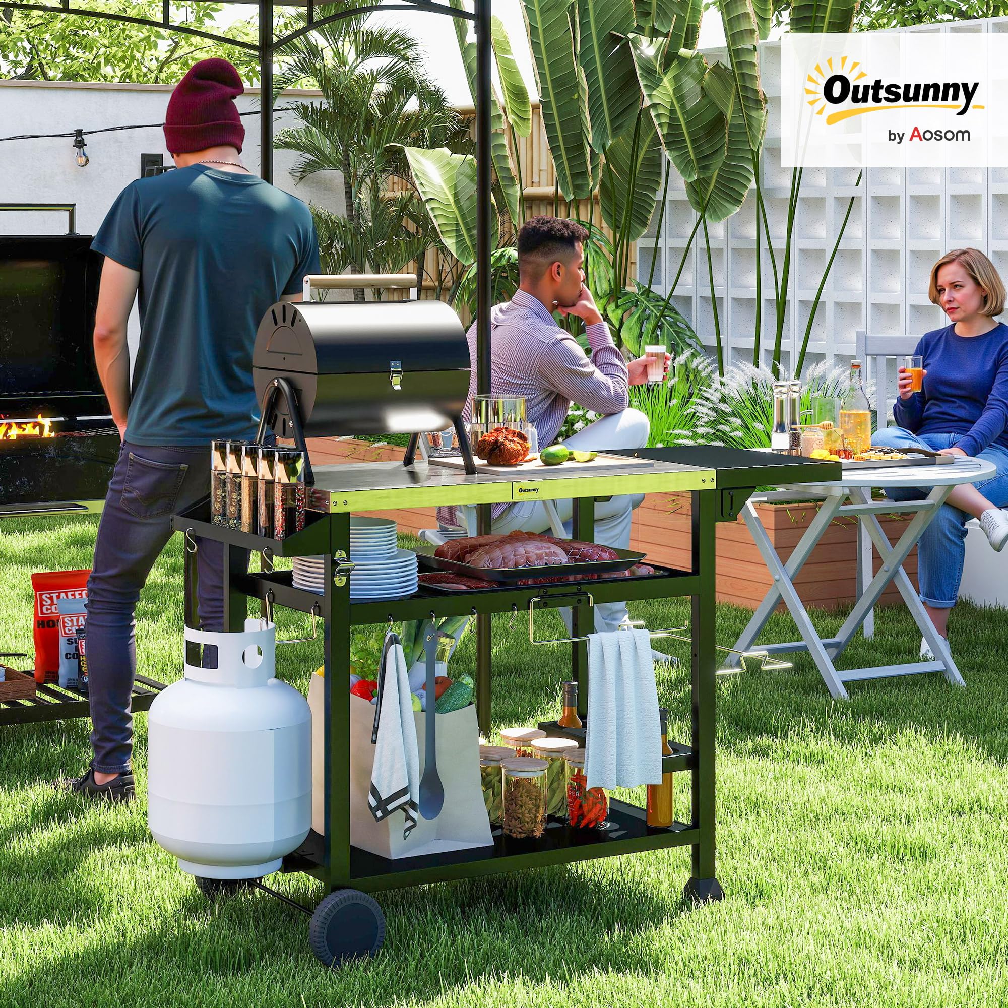 Outsunny Grillwagen Grilltisch mit klappbarem Beistelltisch, Servierwagen mit 3 Etagen, 6 Haken, Rollen, Weinregal, Grill Trolley mit Tischplatte aus Edelstahl für Outdoor, Schwarz