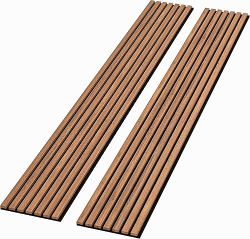 Miniatura 10 de Paquete de 2 paneles acústicos de pared de madera de 94 x 12.6 pulgadas, listones 3D insonorizados para paredes y techos, elegantes paneles Nogal