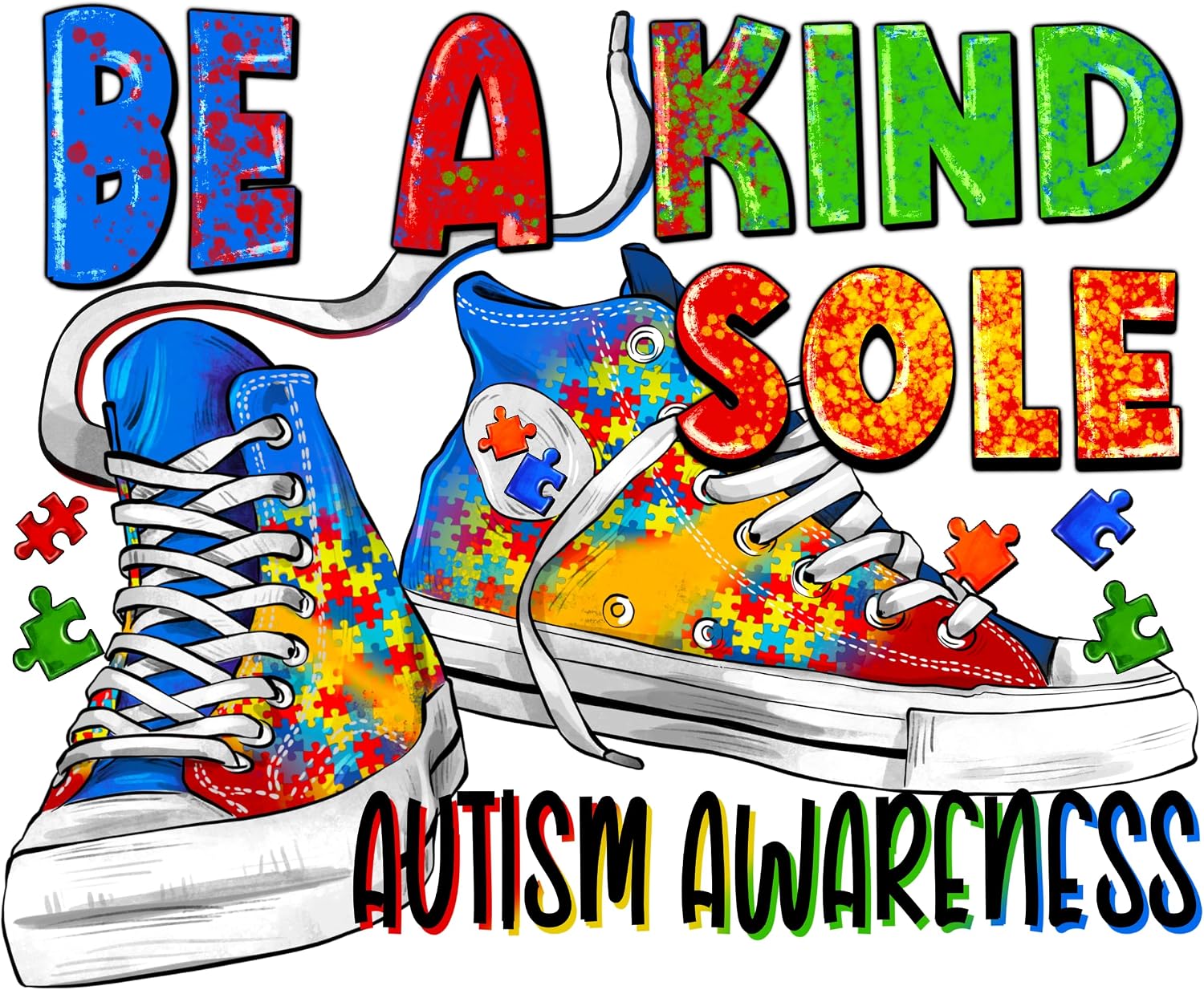 Be A Kind Sole Autism Awareness Vinyl Sticker Decal – Colorful Puzzle Piece Sneaker, Waterproof & UV-Resistant – 5" Durable Weatherproof Vinyl for Car, Laptop, Bottle, Window